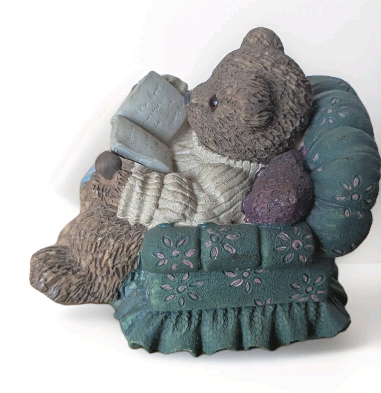 Resin Papa Bear in Tufted Easy Chair Reading Book, Wearing Turtle Neck Sweater
