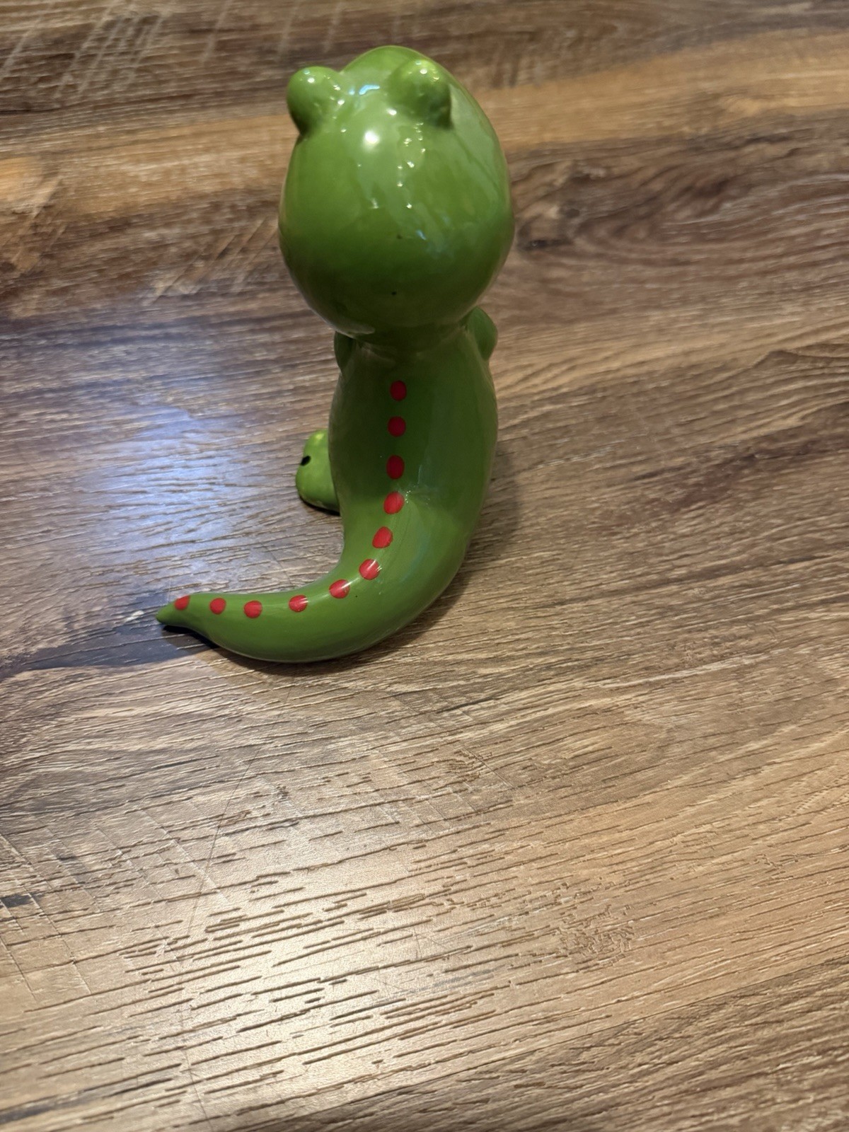 Hand Painted Green Ceramic Dinosaur Figurine w/ Red Spots, Unboxed