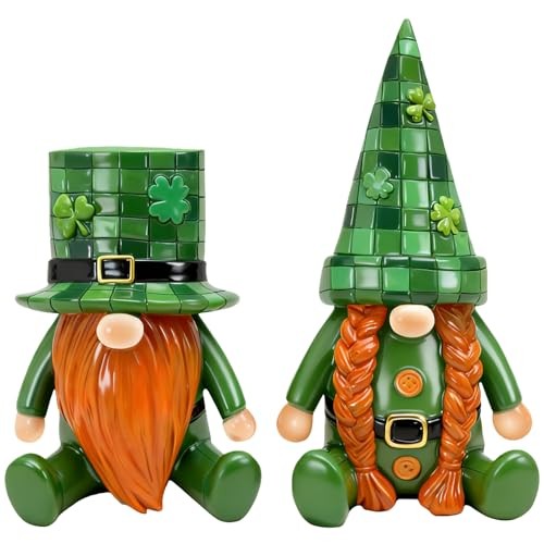 St. Patrick’s Day Decor 2 Pcs Irish Gnomes Figurines – Resin Green Grid Hats