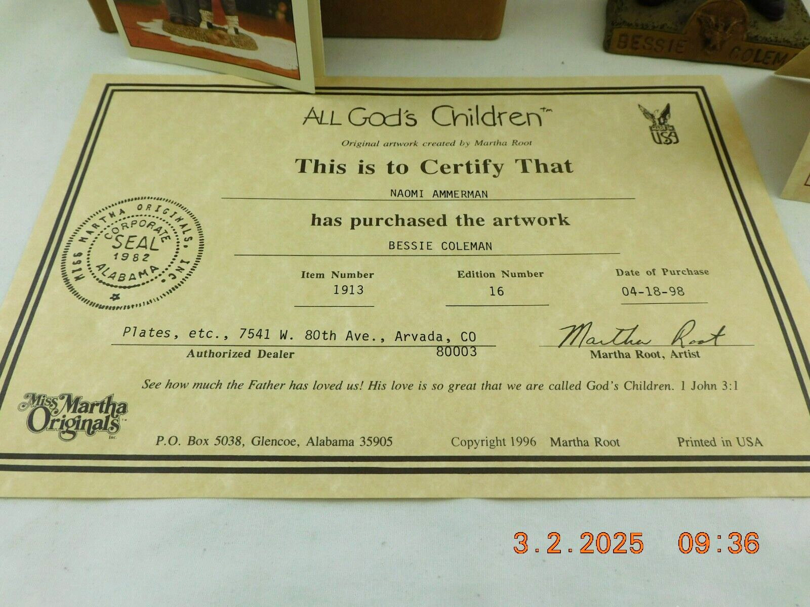 All God’s Children American Patriot Bessie Coleman #1913 Ed.#16 COA Orig. Box s9
