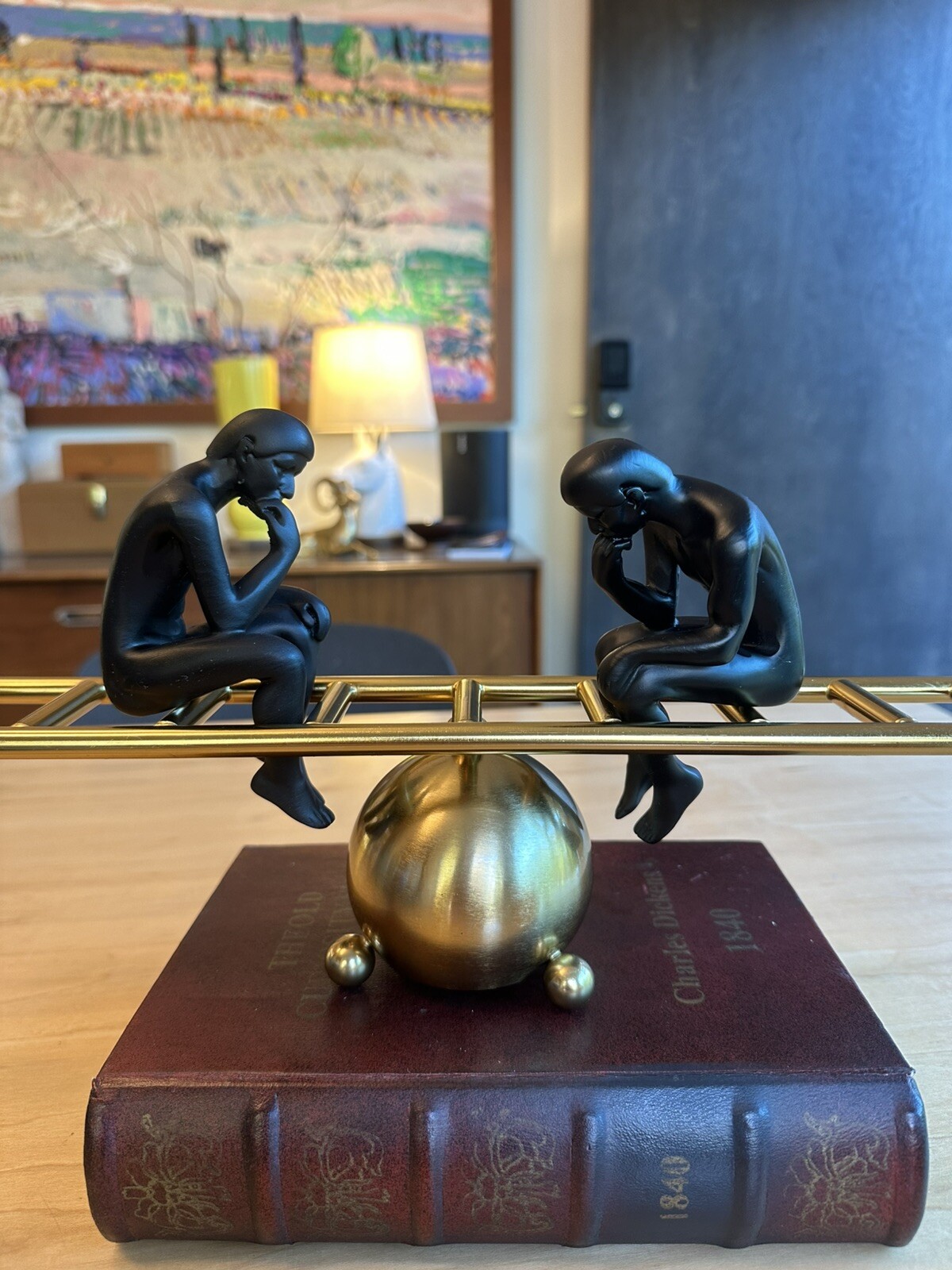 Man On The Stairs Thinking Man, Magnetic, Gold Metal, Movable, Balanced, Sturdy