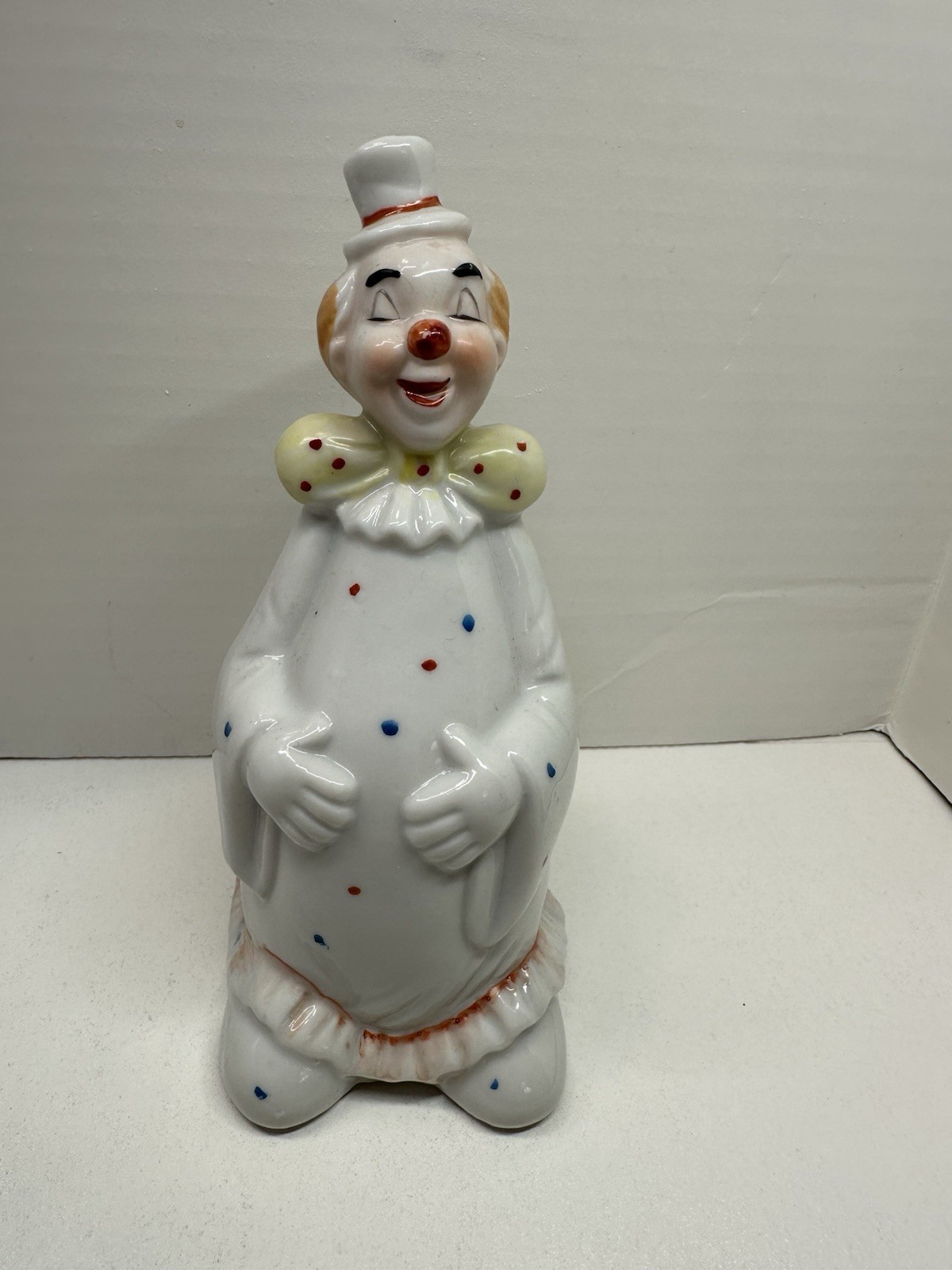 Vintage Porcelain Clown Bell Figurine Taiwan Mid Century Polka Dot 6″ Kitchen