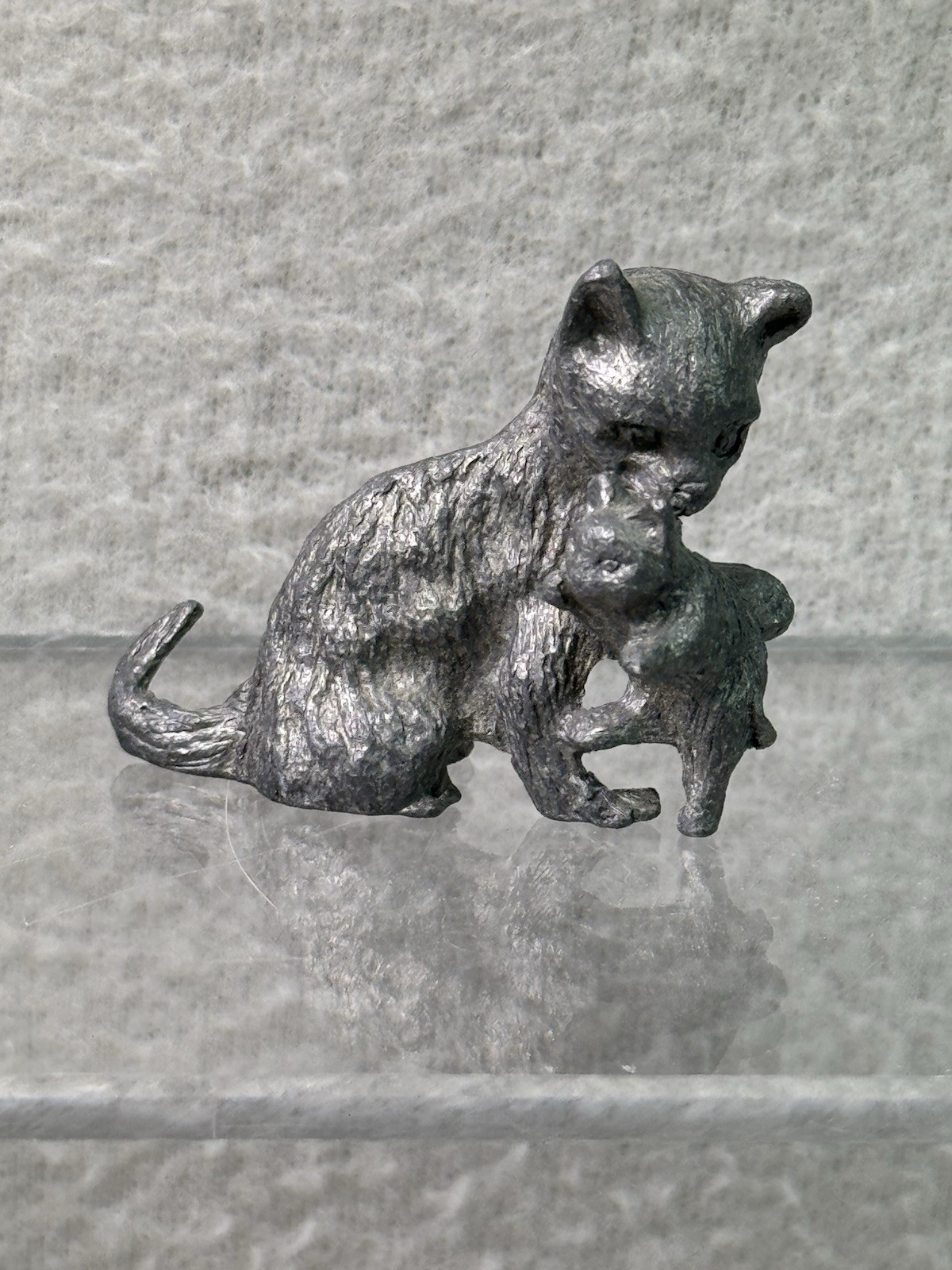 Vintage Pewter Cat & Kitten Figurine Miniature Mother Cat Collectible Decor