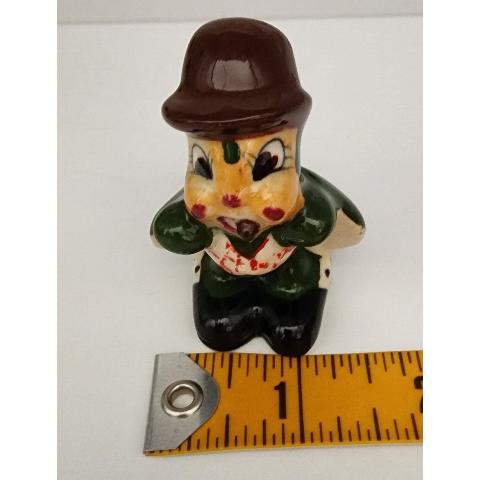 Occupied Japan Figurine Ladybug Smoking Cigar Bowler Hat Green Small 2.25″ EXC