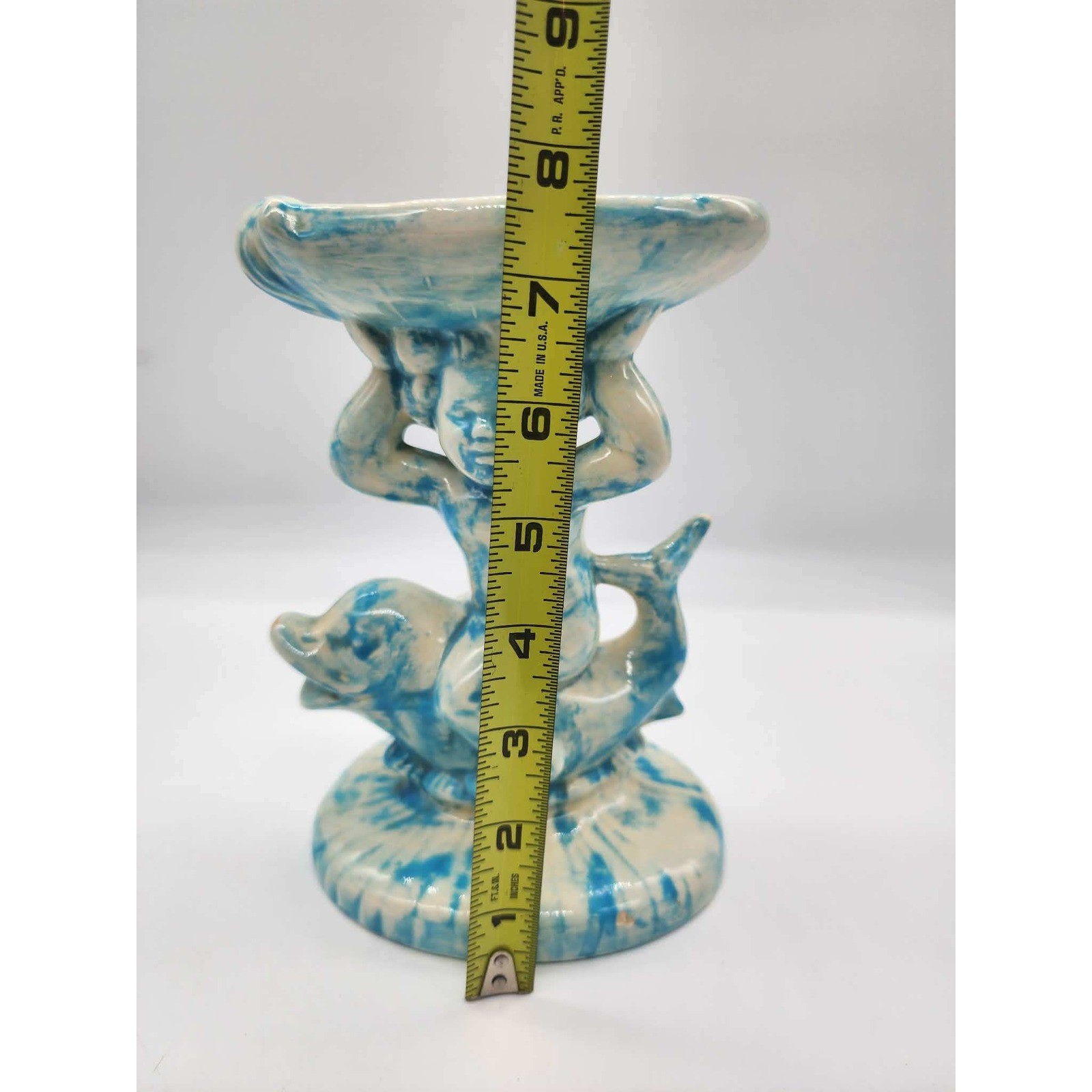 Vintage Blue White Ceramic Cherub Riding Dolphin Shell Soap Dish Trinket Bowl