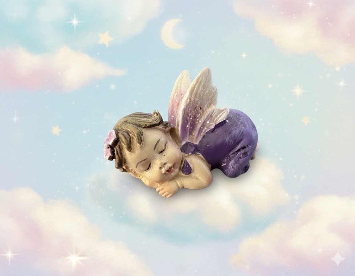 Tiny Baby Girl Angel Figurine Purple Angel Wings Pink Flowers Fairy Garden