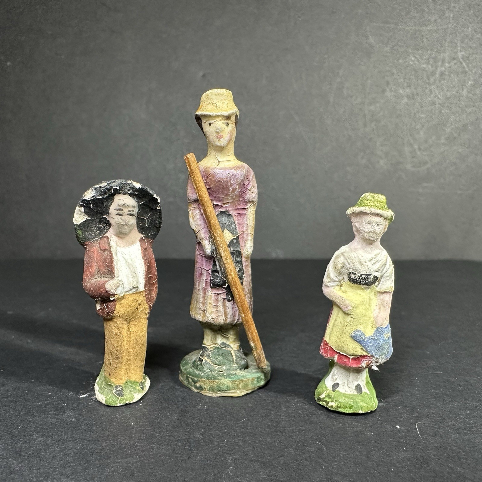 Vintage German Plaster Chalkware Wooden Figurines Primitive Farmers People