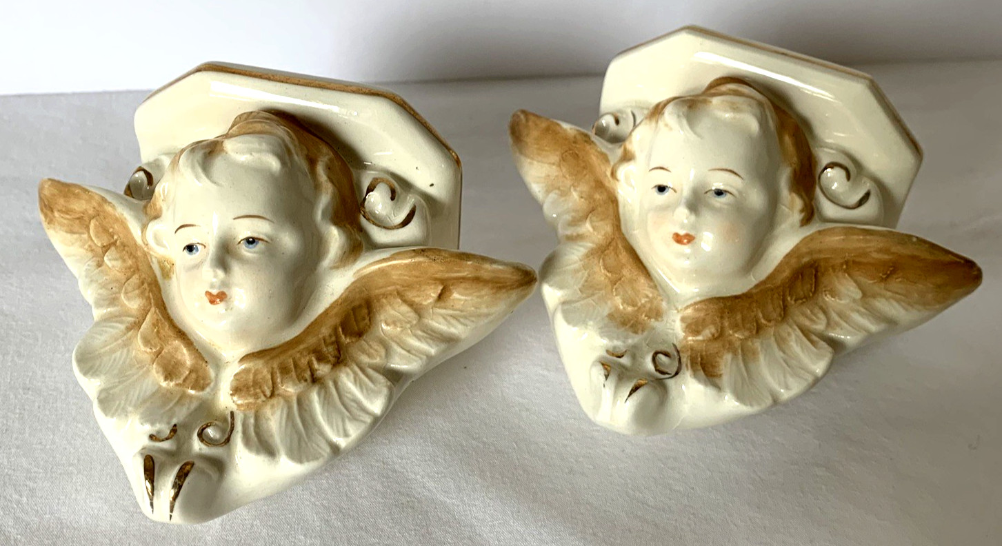 Vintage Cherub Angel Wall Plaques Set of 2 Hand Painted Ceramic Shelf Wings