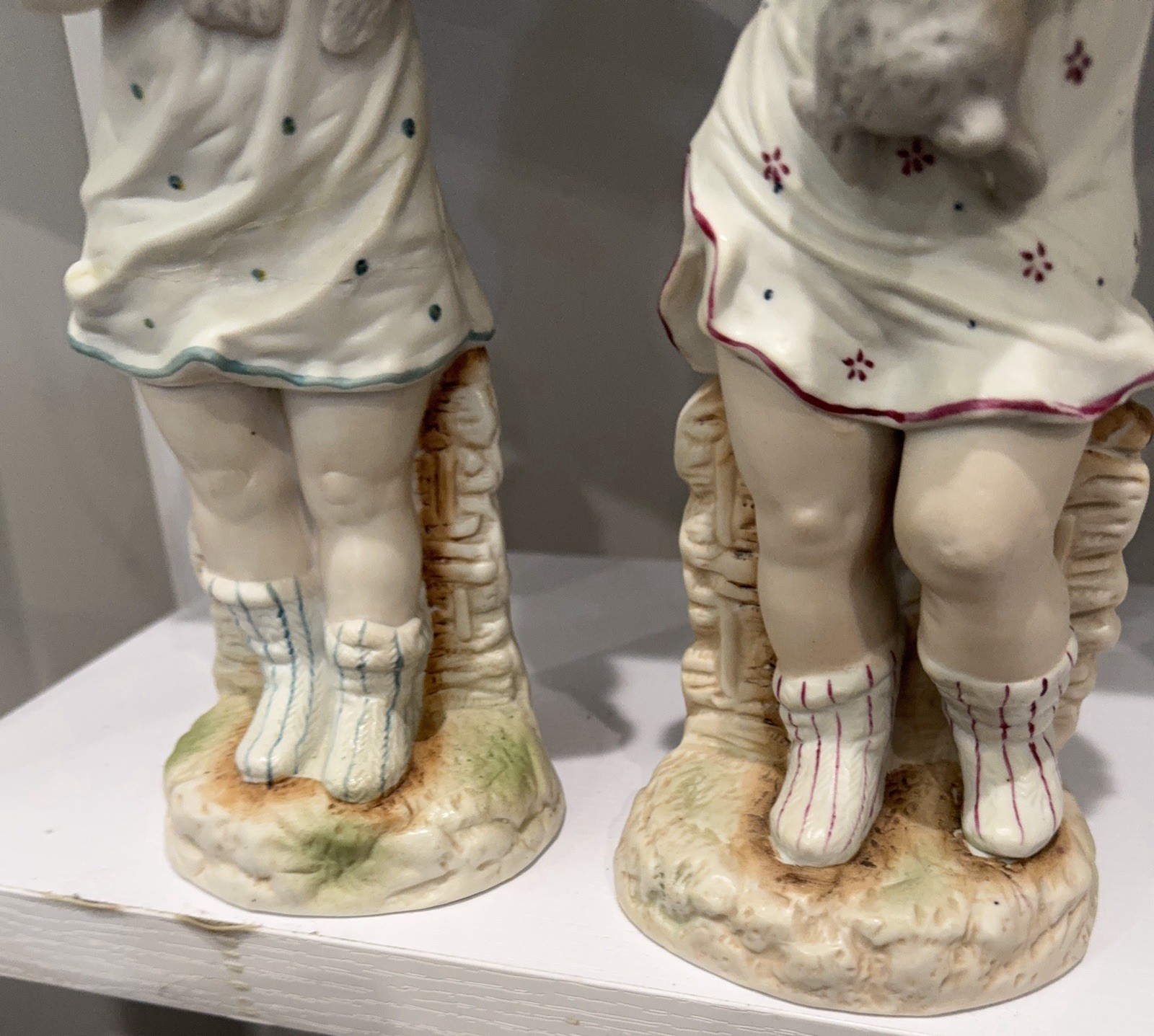 Antique German Bisque Figurines Pair Girl Rabbit Girl Dove Heubach Style 1890s