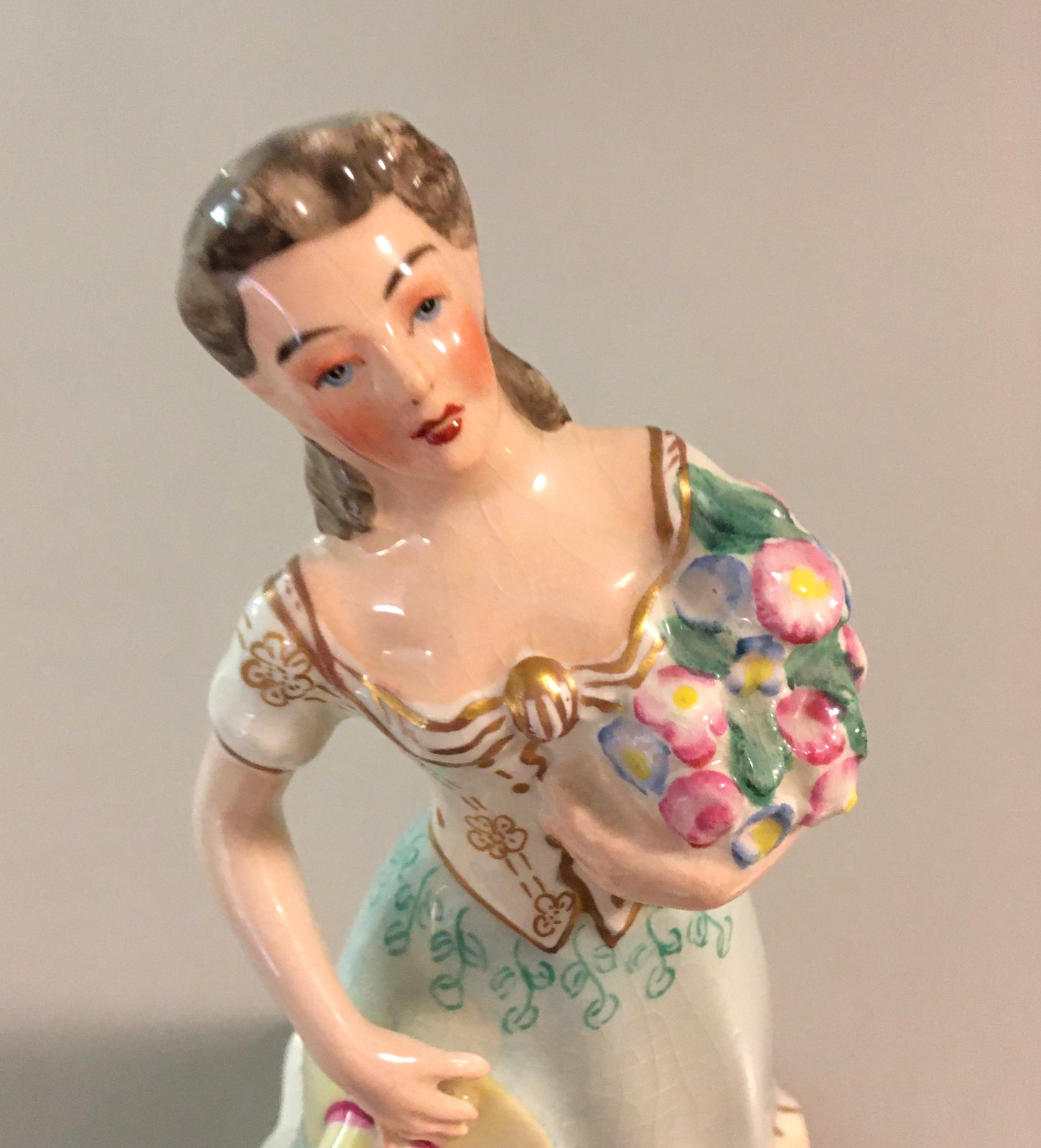 1950s Biedermeier Victorian style figurine lady hat flowers European? Austria?