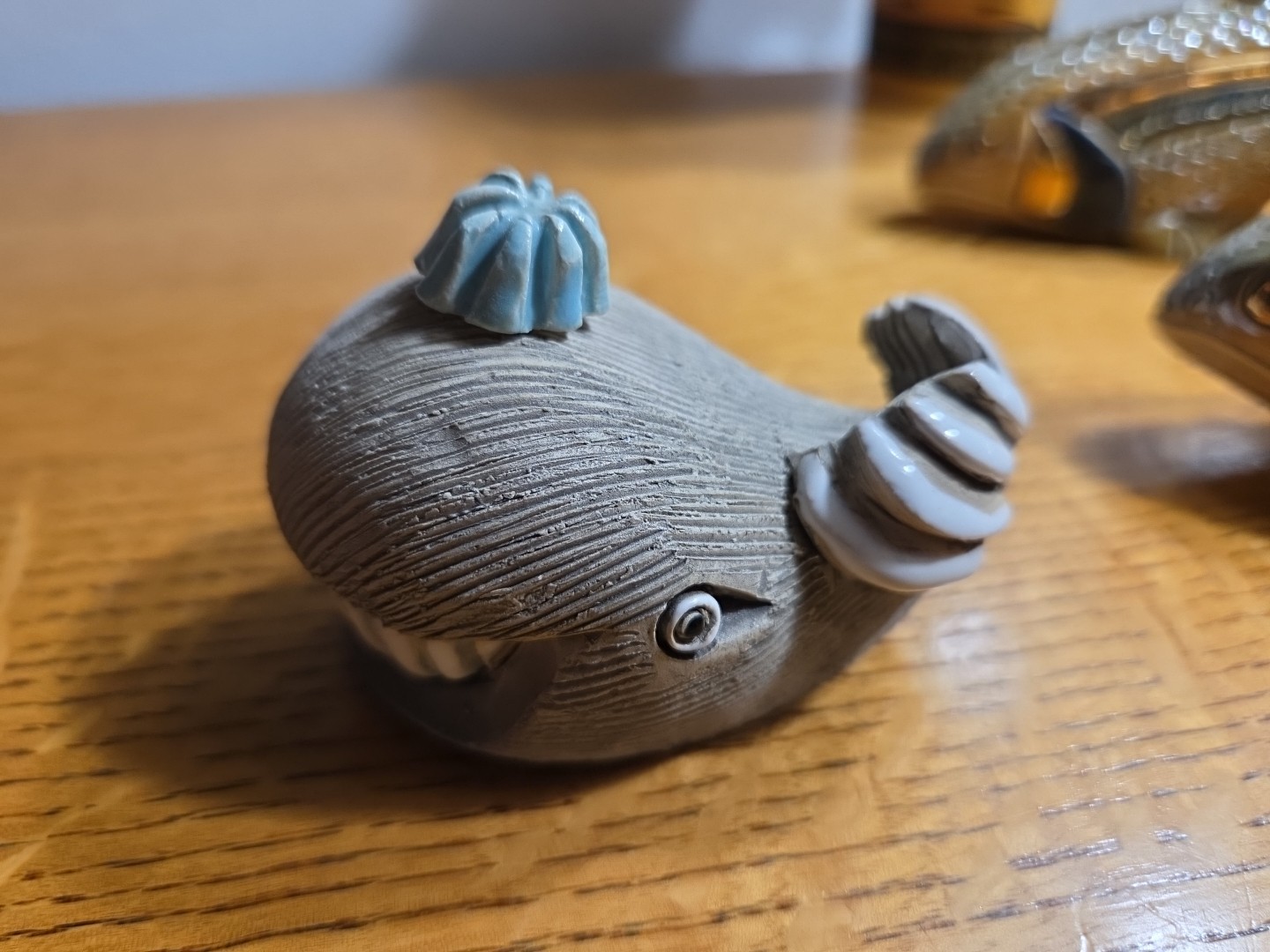 Artesania Rinconada Signed Clay Figurine Brown Smiling Whale, Uruguay, 3″
