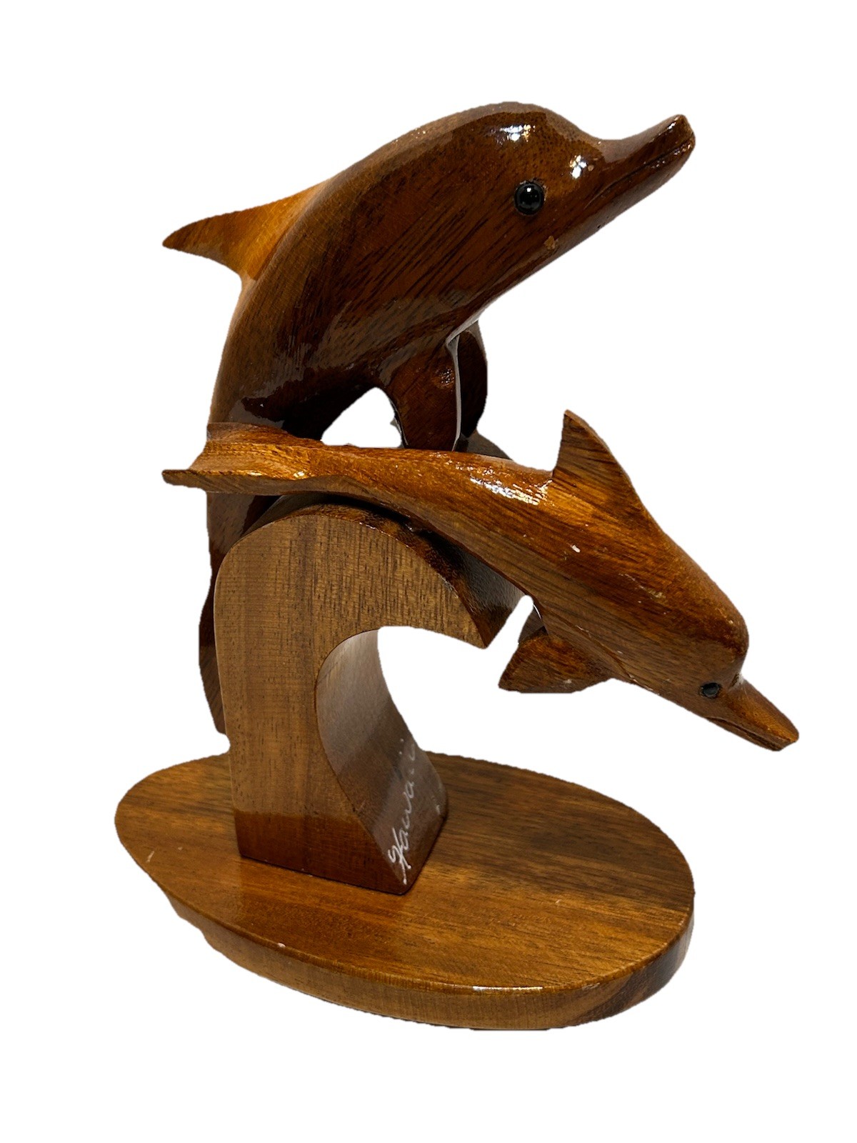 Vintage Hand Carved Wooden Dolphin Sculpture on Base Hawaii Souvenir 8 x 6.5″