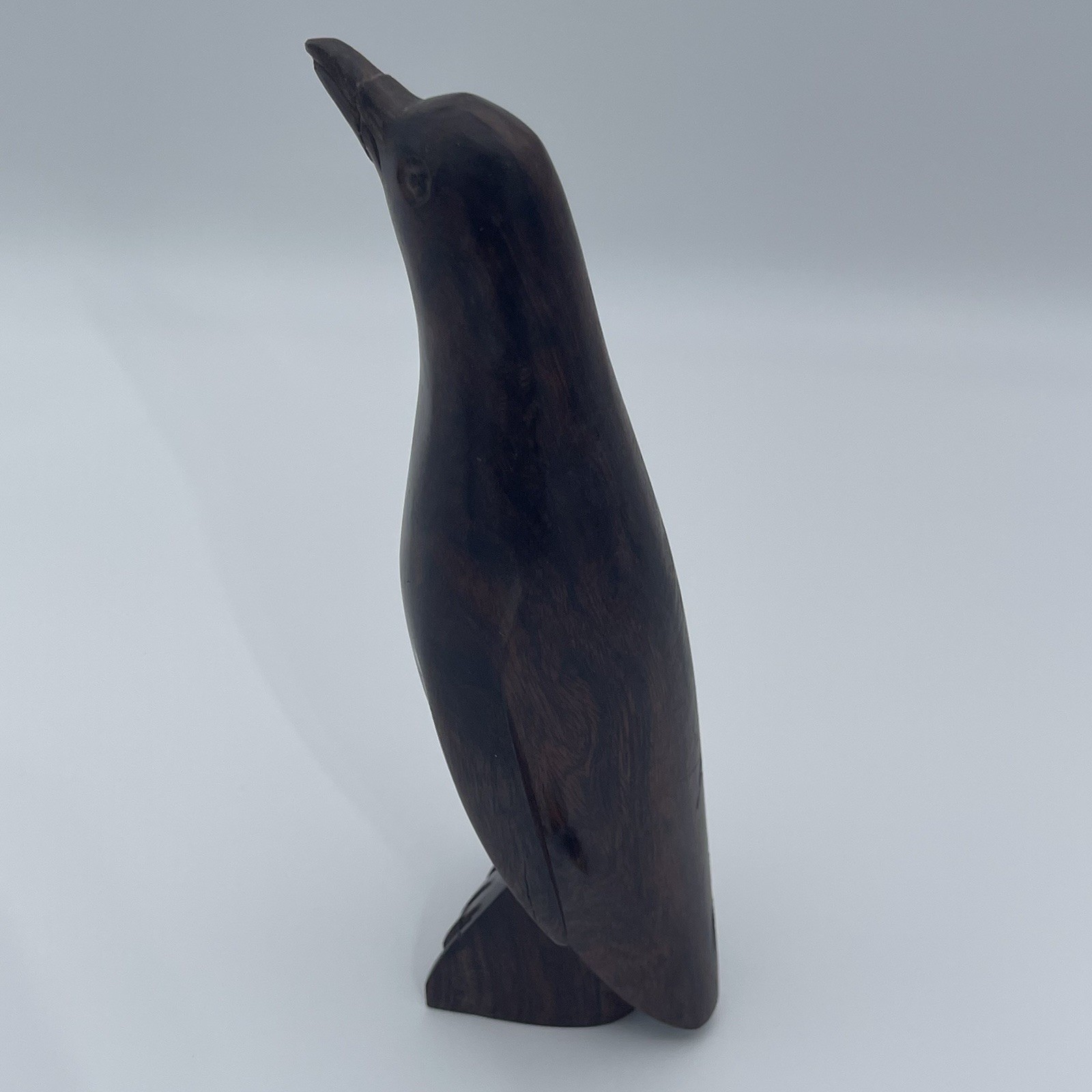 Hand-Carved Wooden Penguin Figurine Dark Wood Sculpture Rustic Decor