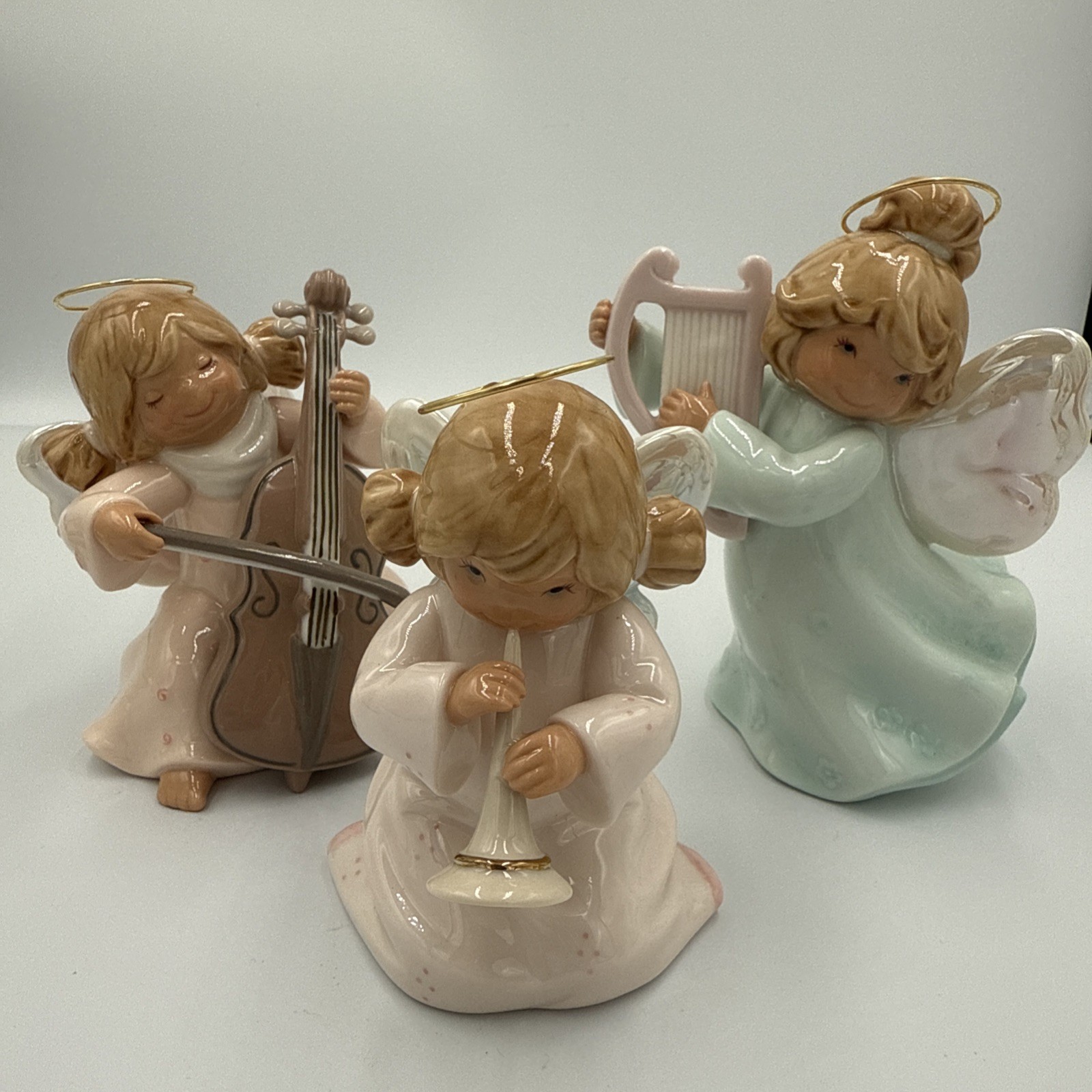 3 Angel Figurines Playing Instruments: Hello, Horn, Harp Pastels With Halo Wings