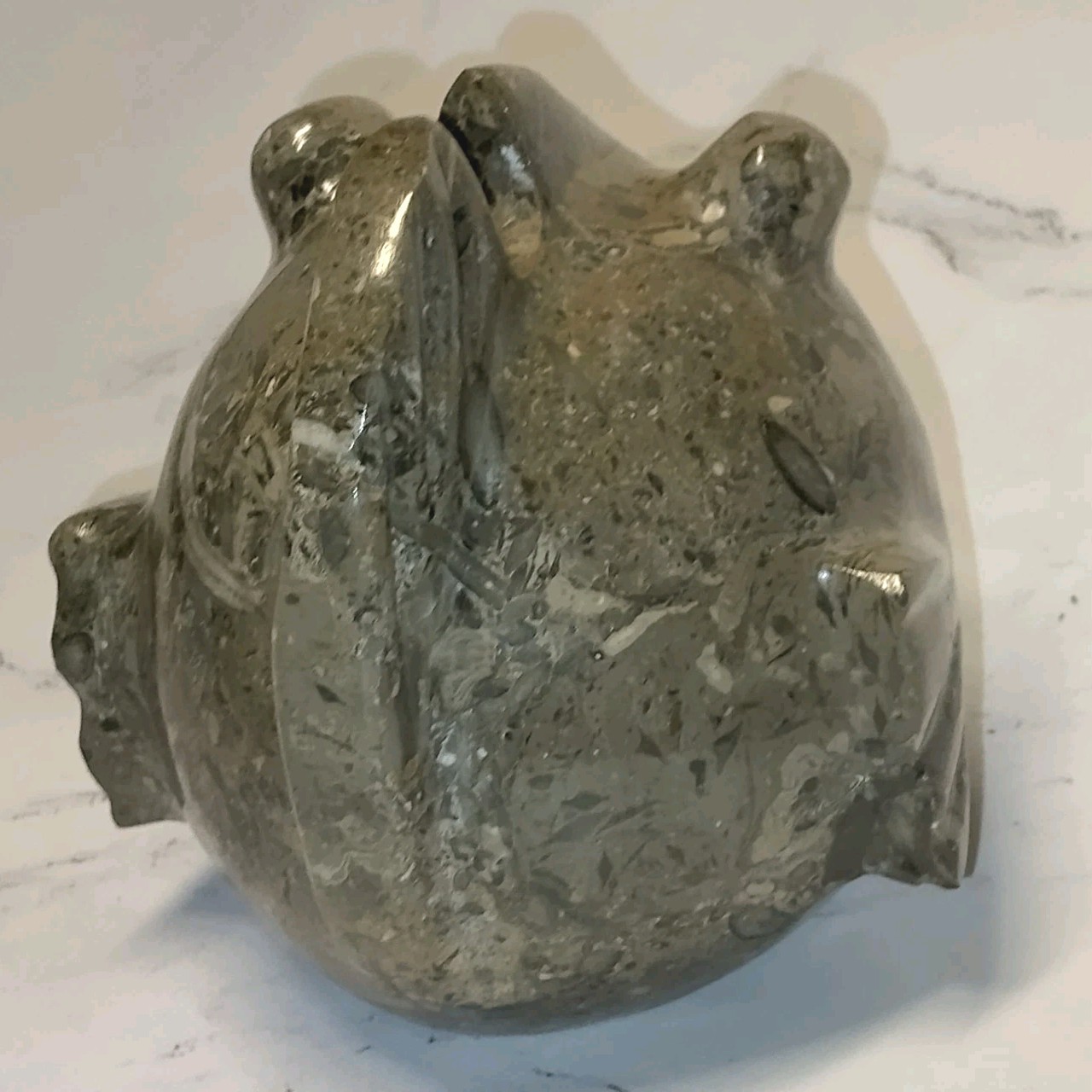 Fossil Stone Carved Pufferfish Paperweight Marble Beige Brown Swirl Spotted Rock