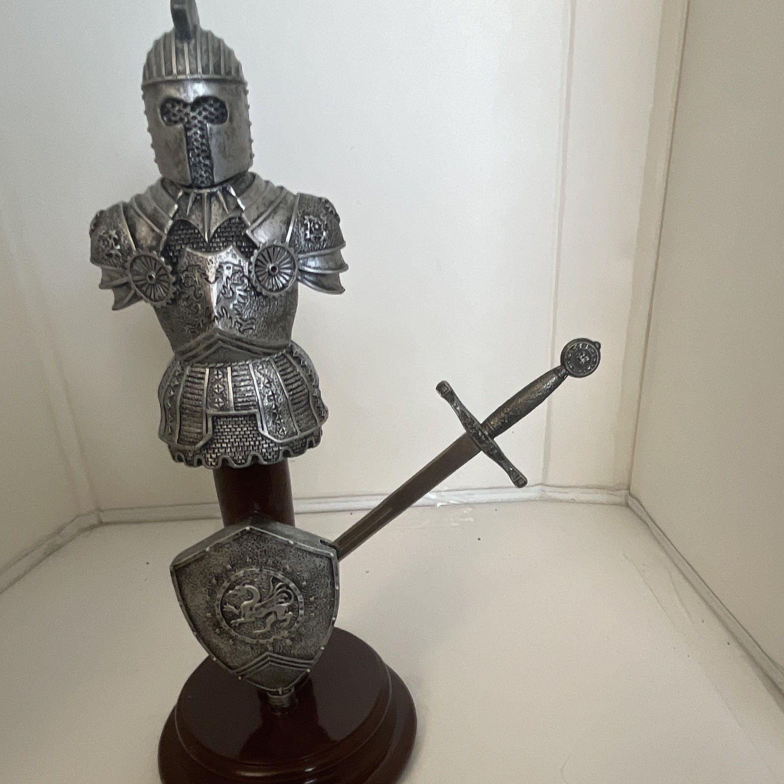 Medieval Knight Armor Figurine, Silver Tone, Wooden Base, Sword & Shield