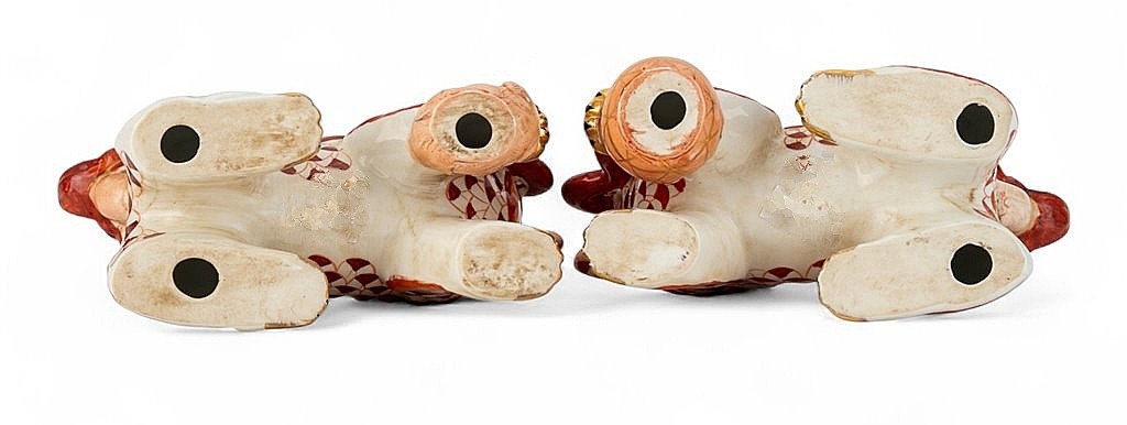 Pair Of Rust Red, White Porcelain Chinese Foo Dogs. Hand Painted (6.5″H, each)