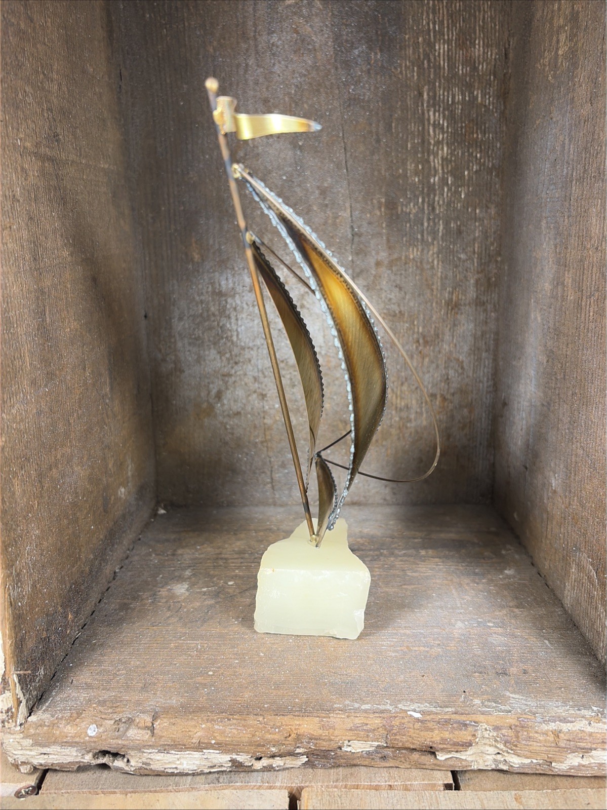 Mario Jason MCM Brutalist Brass Copper & Onyx Sailboat Sculpture Signed Base HBB