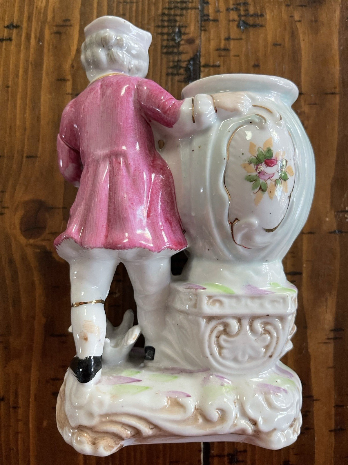 Antique Glazed Porcelain Figural Planter-Boy Reading Book-Hand Painted Floral
