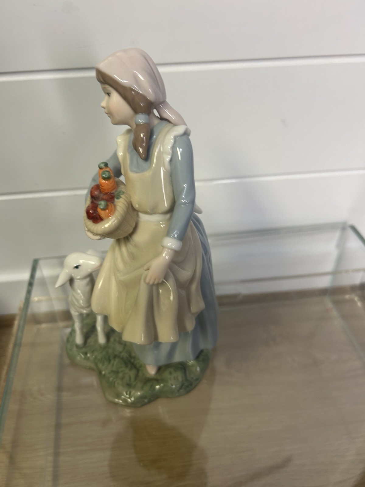 Porcelain Sheep Lamb Woman Girl Figurine Farm Country Basket 9.5″ Tall Statue A+