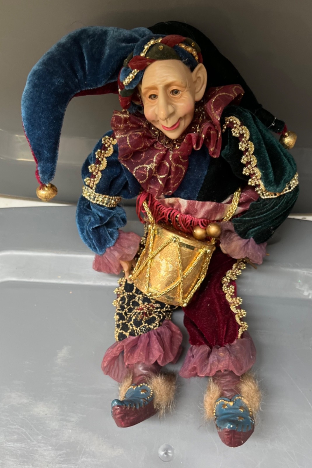 Vintage Jester Elf Ornament Shelf Sitter Victorian Fancy Blue Green Gold 14”