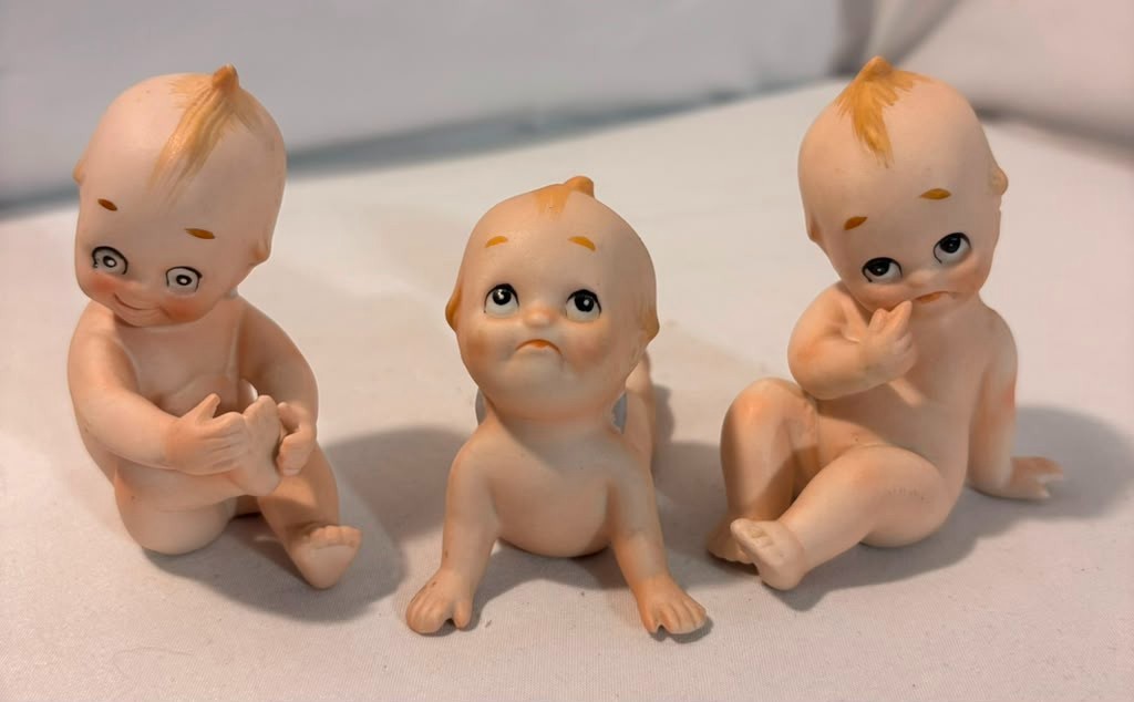 3 Vtg Lefton Bisque Porcelain Kewpie Baby Doll Figurines Blue Wings KW913