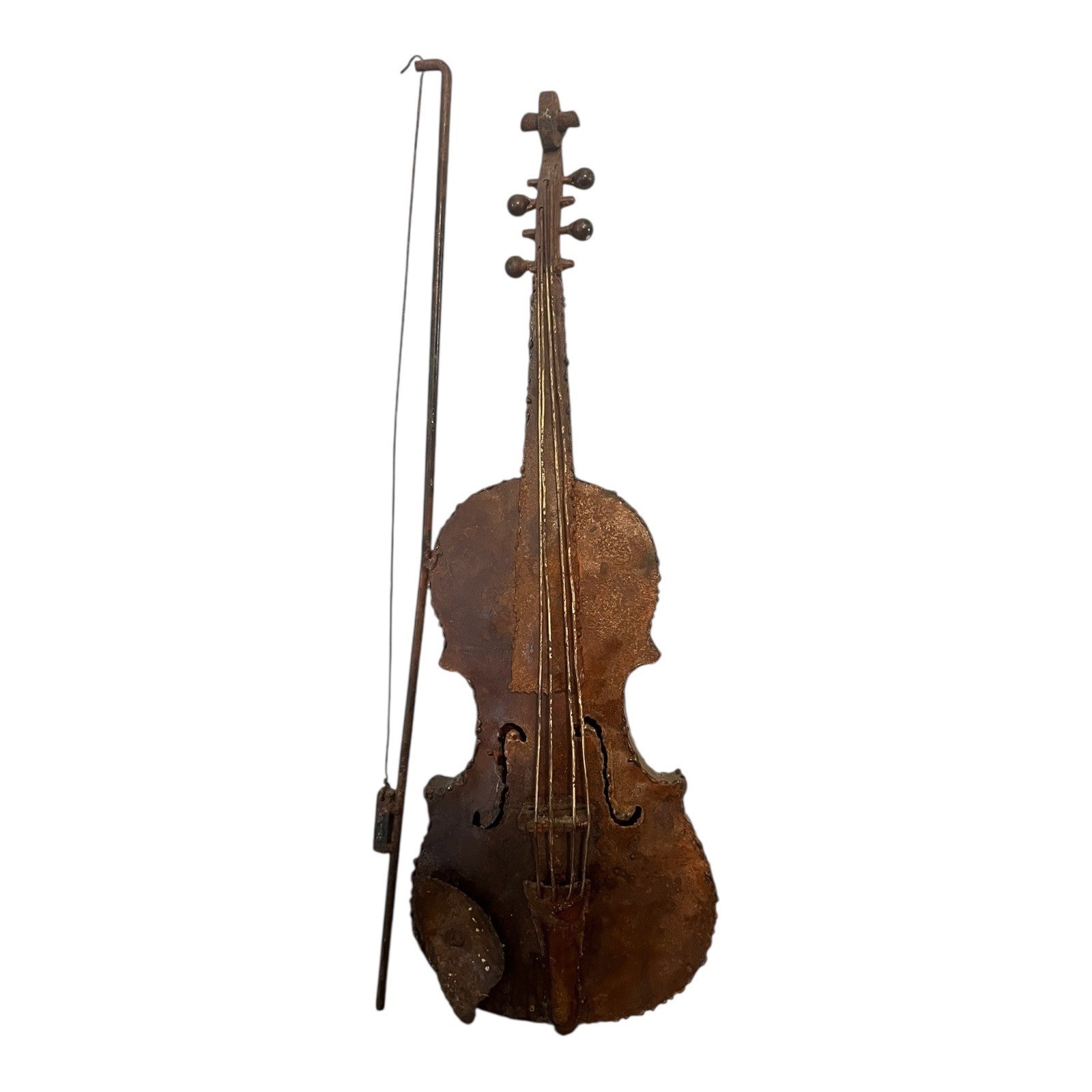 Rustic Vtg Violin Wall Art 21.5″ Tall Bow Distressed Metal Design Musical Studio