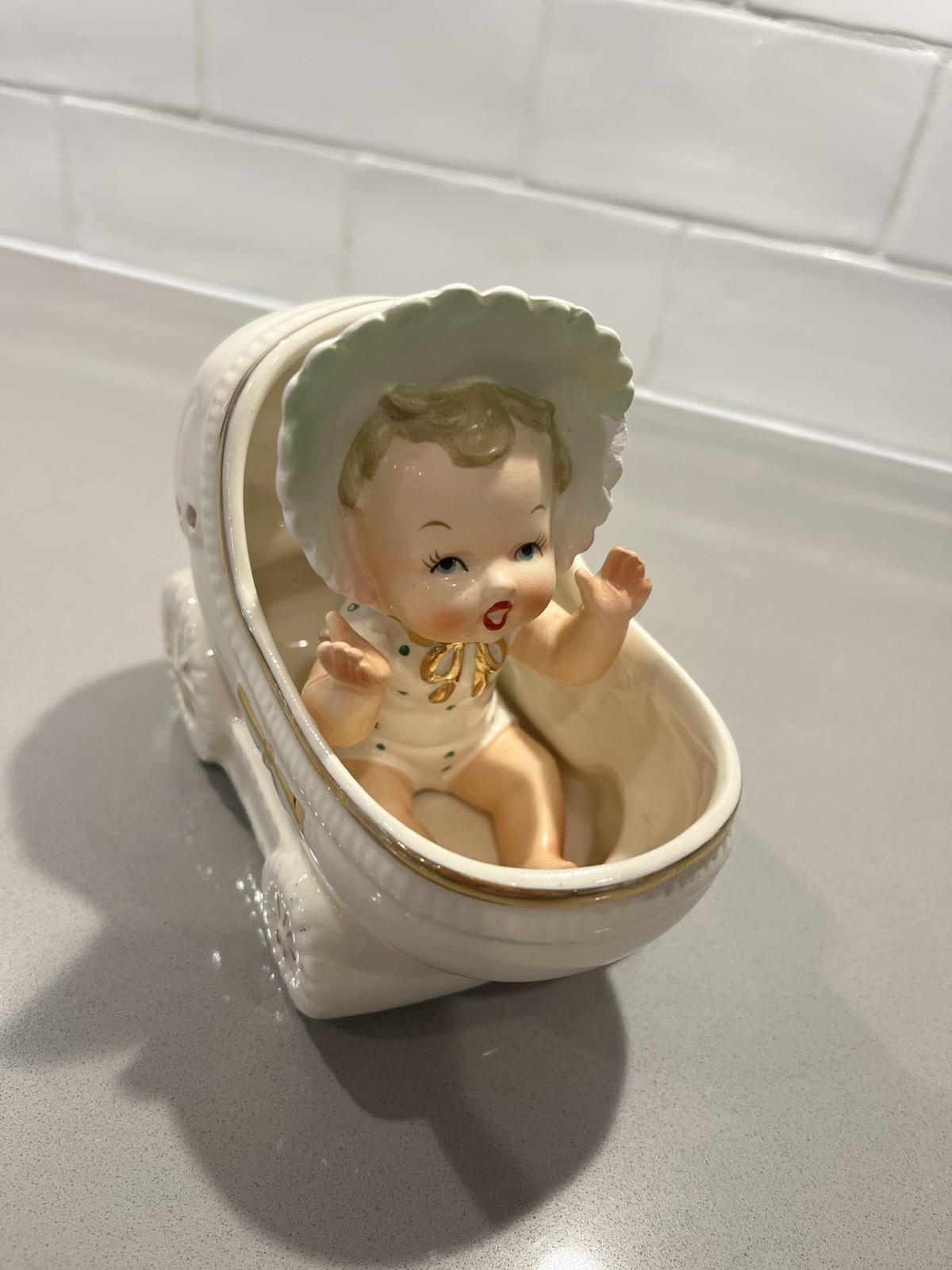 Ceramic Baby Figurine and Carriage Set, Hand Painted, Glossy, White/Gold
