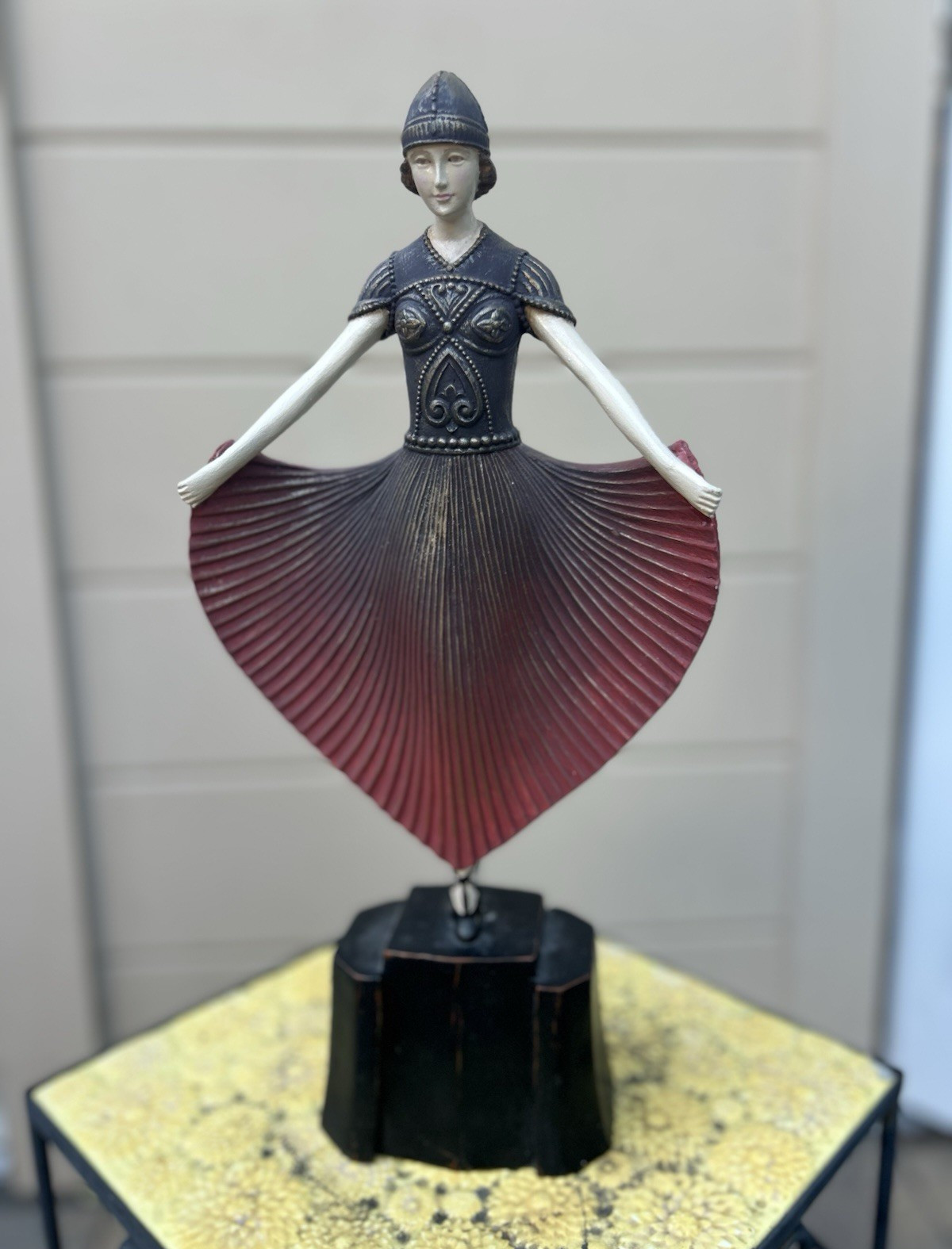 Art Woman Figurine Blue Dress Holding Burgundy Pleated Skirt on Base