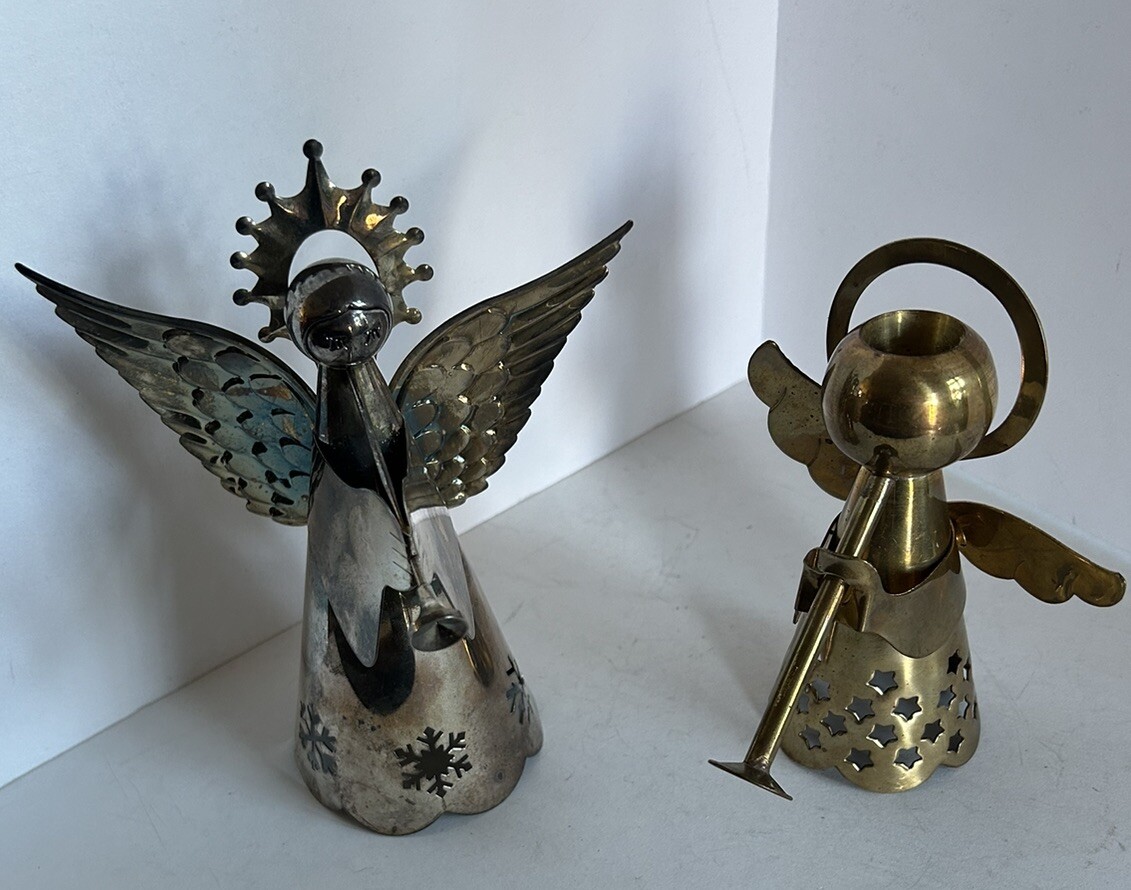 2 Metal Christmas Angel Figurines Playing Horns 6” Brass 7” Silver Plated