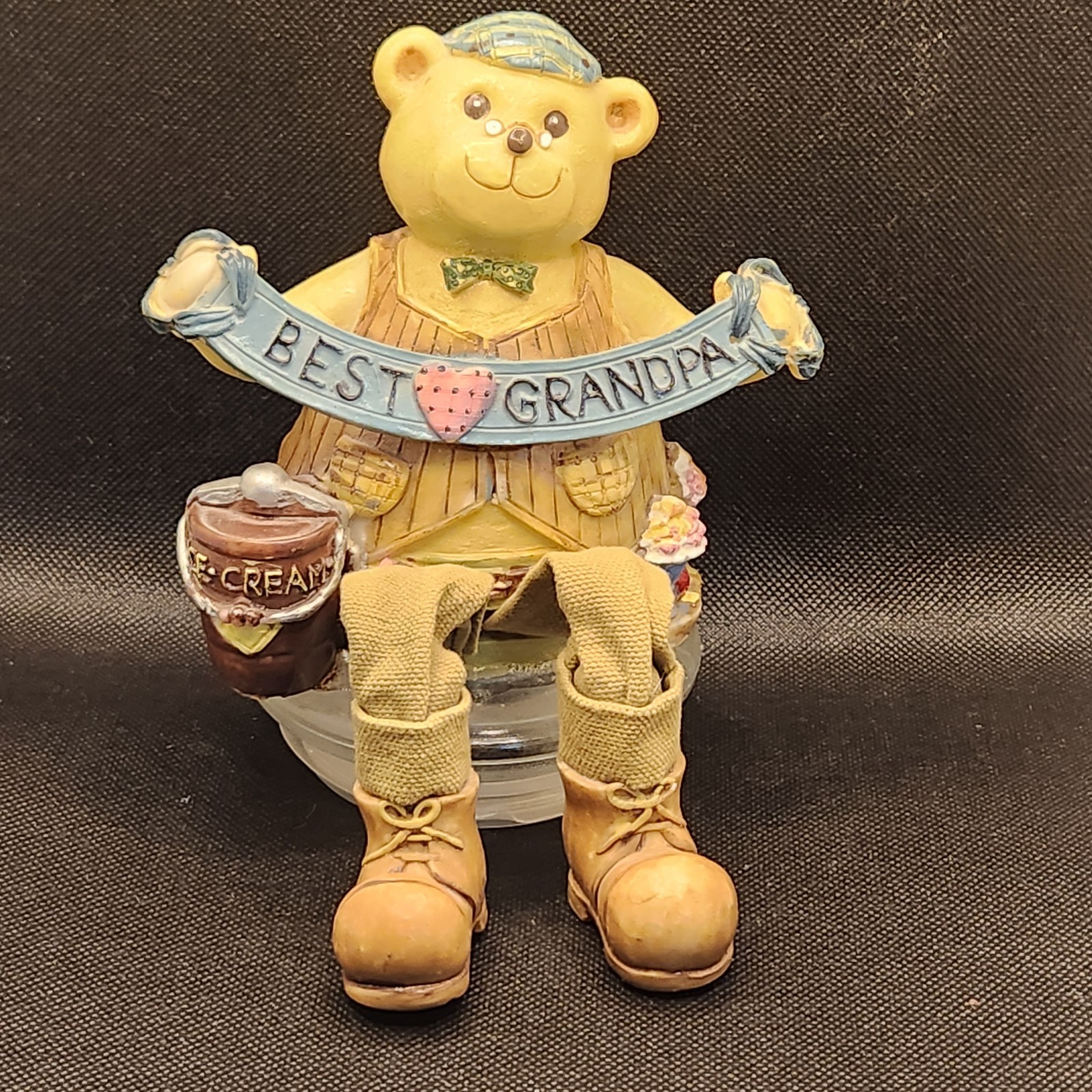 VTG “Best Grandpa” Resin Bear Jar Topper, Dangling Fabric Legs, Ice Cream Theme