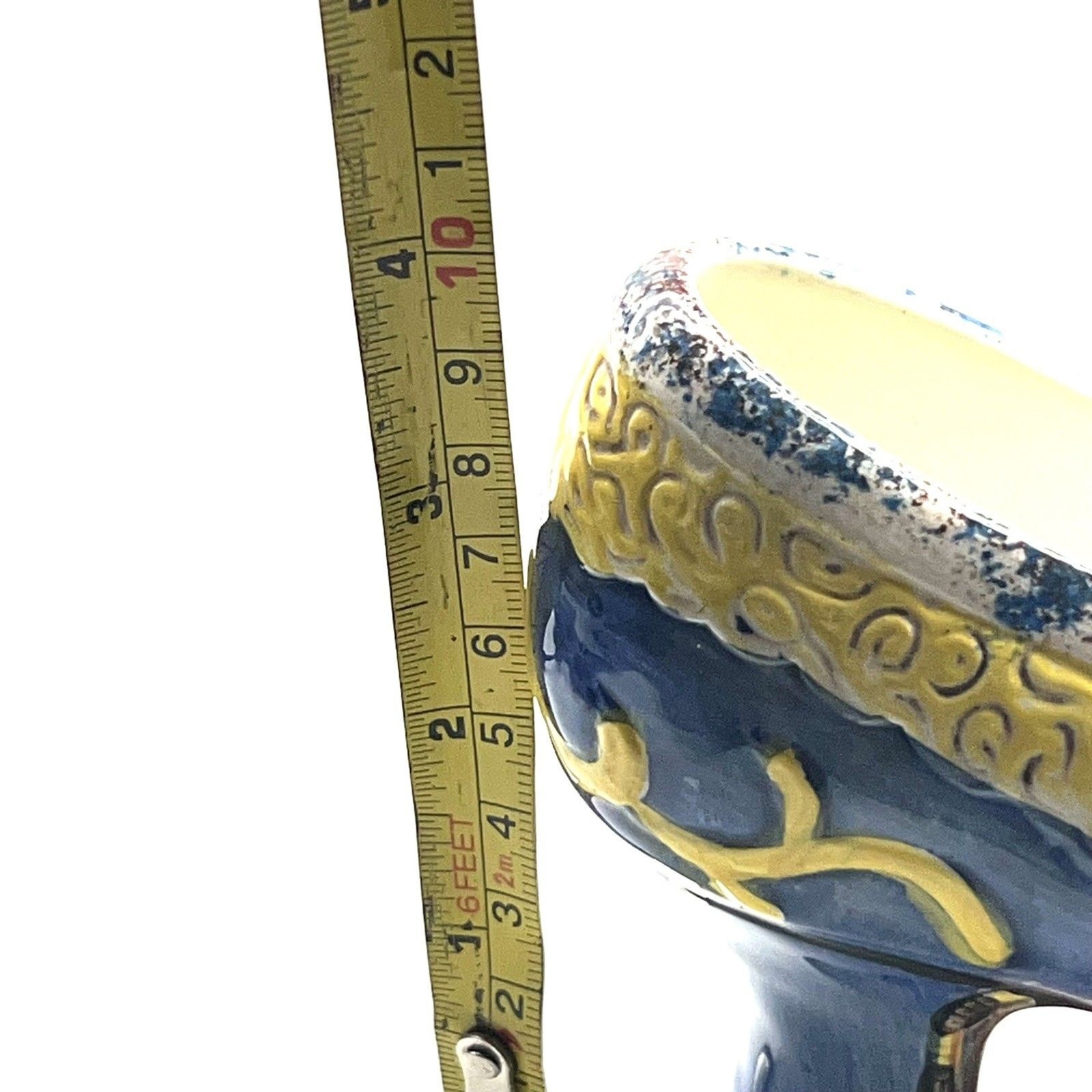 Decorative Colorful Painted Mini Ceramic Shoe 8″ Long. Blue And Yellow Design