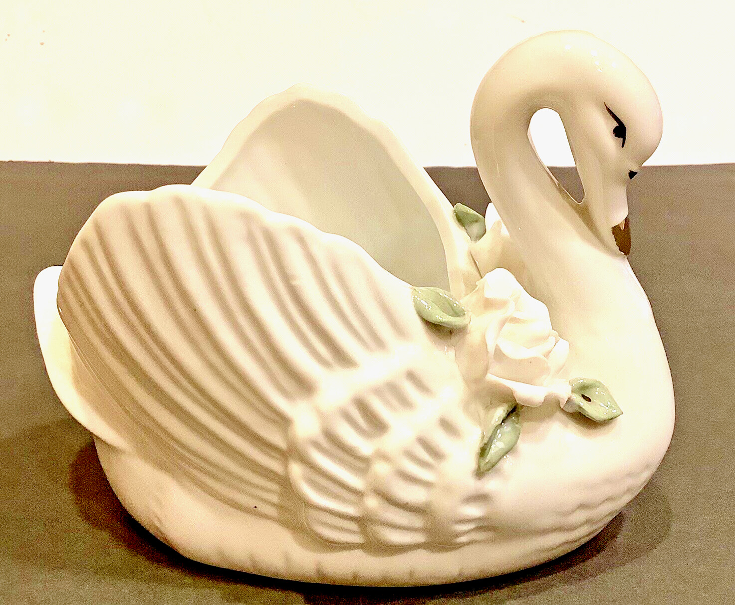 Big 9” SWAN Open Back Vintage Vanity Items or Planter w/Applied Flowers GERMANY