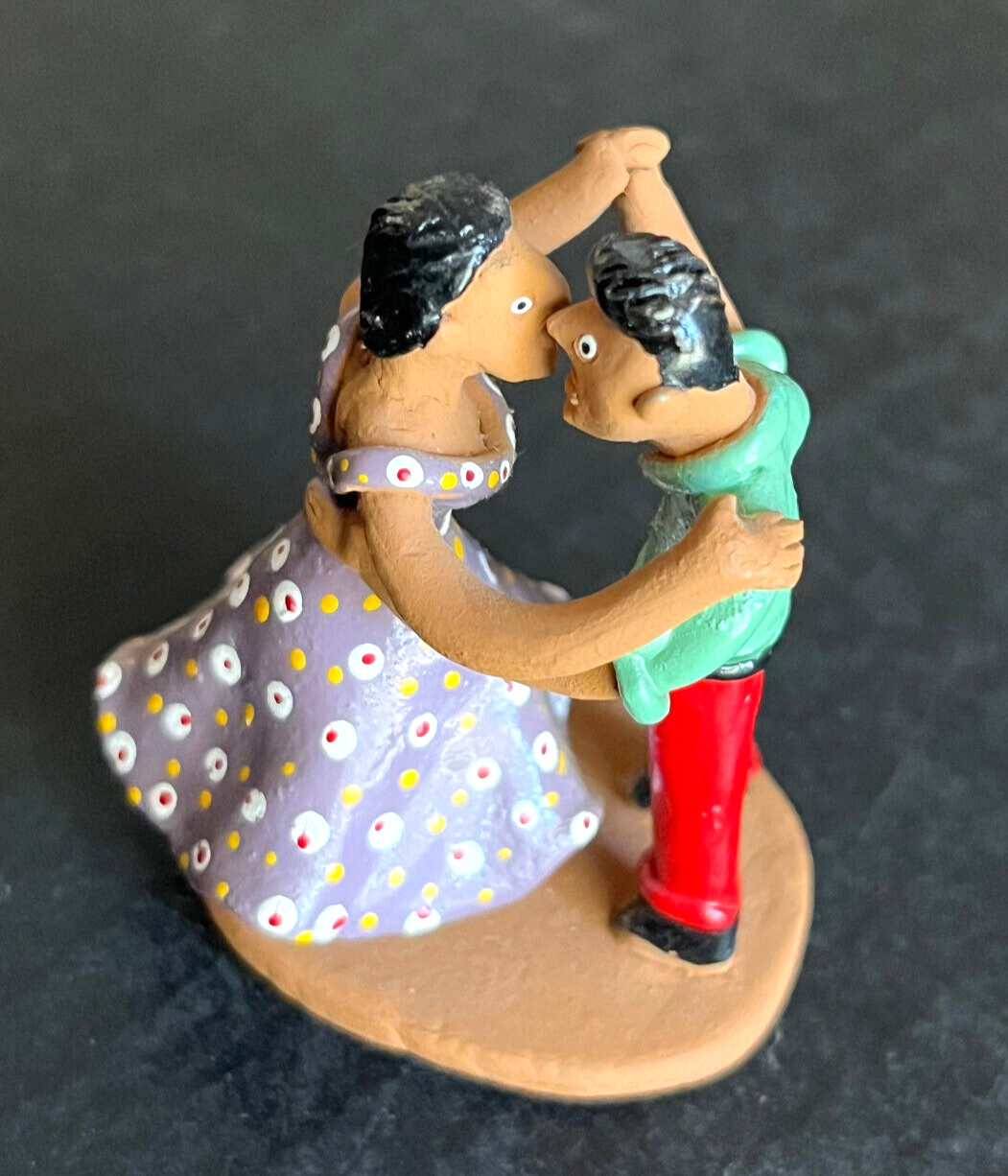 2 vintage 1986 clay figurines Brazil man woman dancing art hand painted sign set