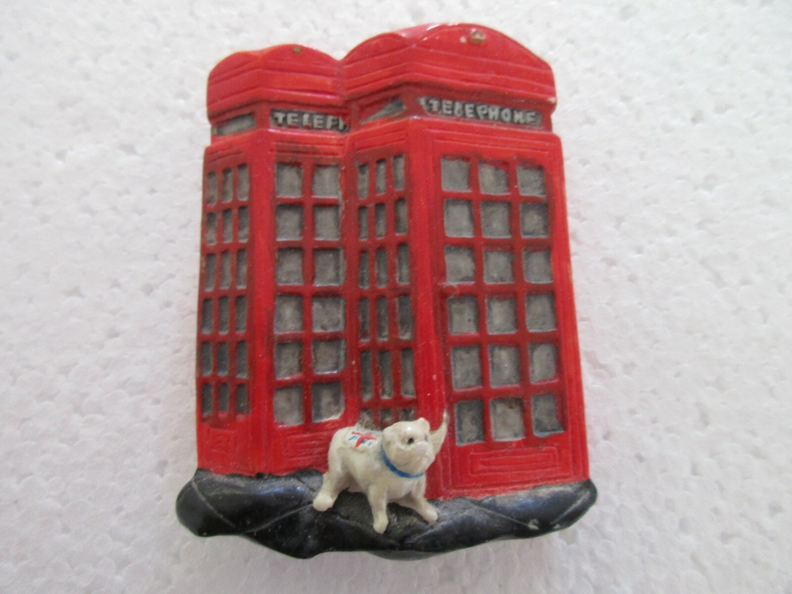 British Souvenir Magnet of Iconic Red Phone Booths with White Dog Circa 1990