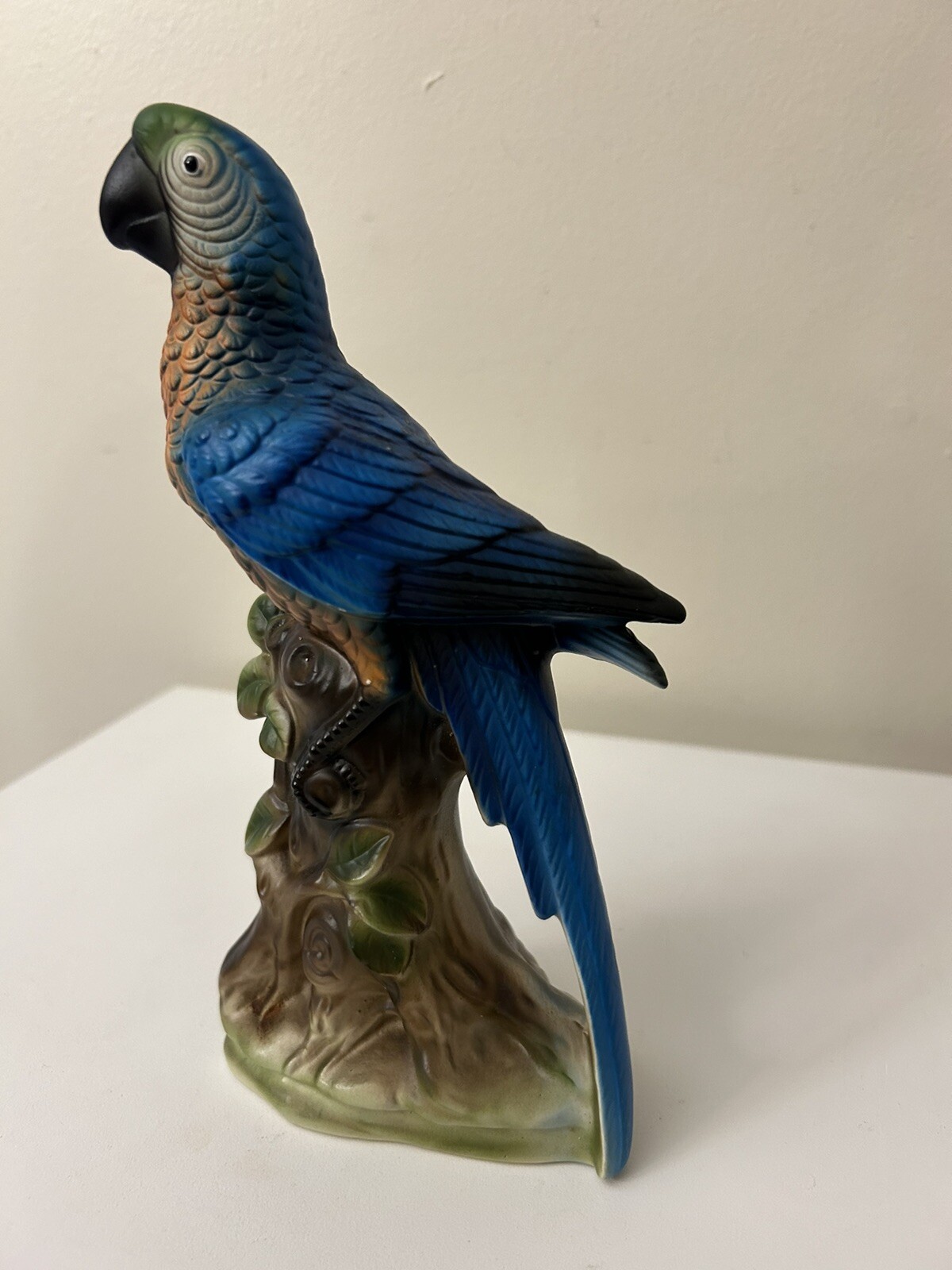 Stunning Vintage 8” Parrot Ceramic Green Blue Orange Bird Branch Figurine Japan