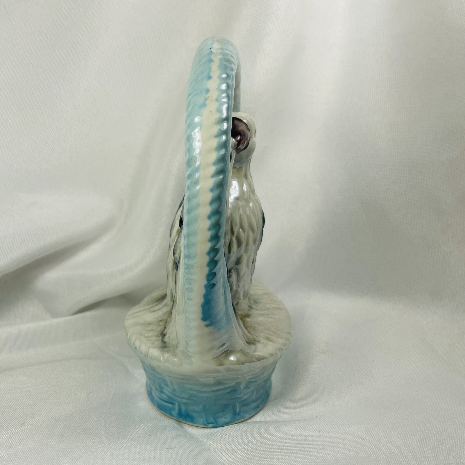 Lusterware Eagle Basket Figurine Brazil 1910 Opalescent Blue Silver Bird Vintage