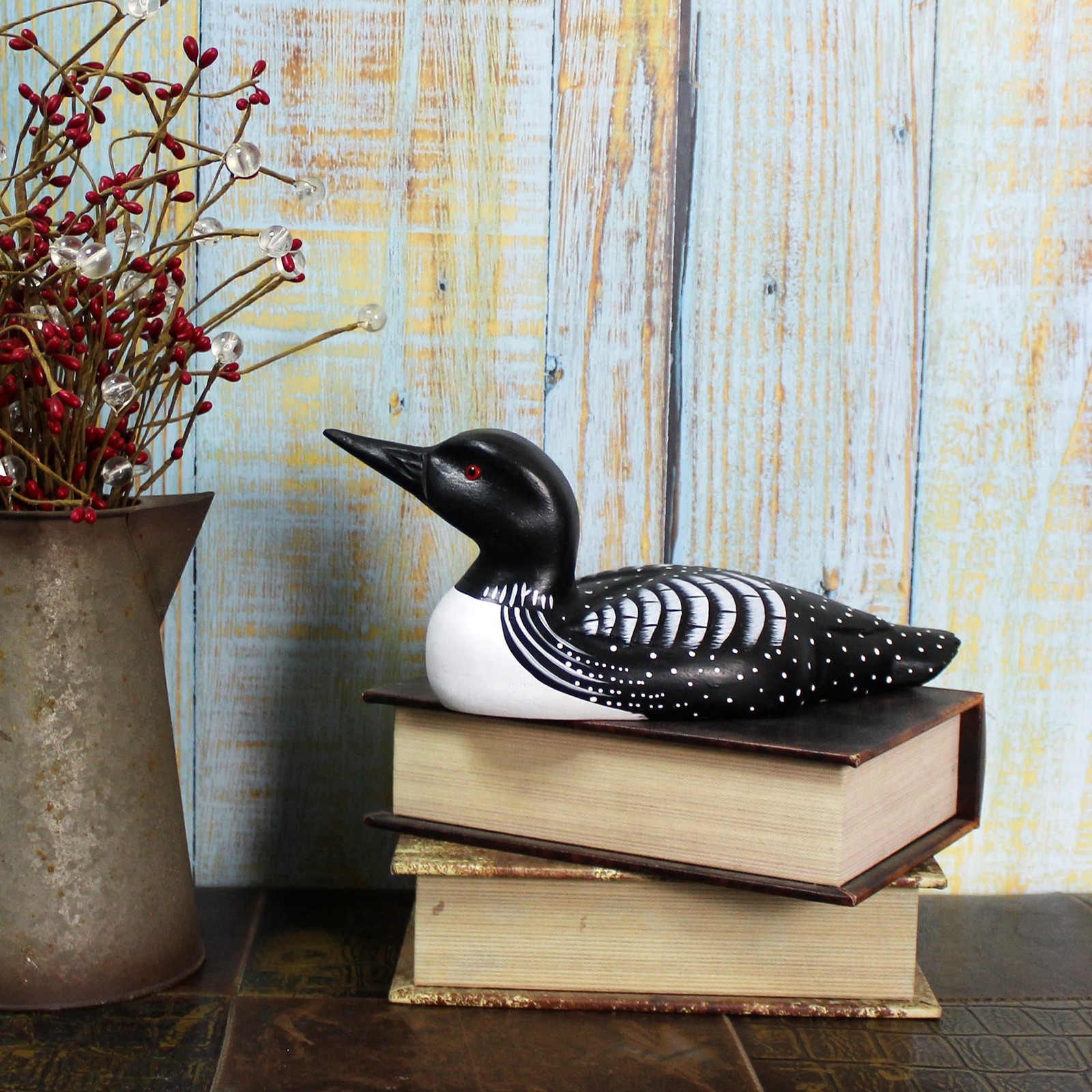 Hand Engraved Painted Wood Loon Figurine Farmhouse Primitive Decor 10.25 Inch