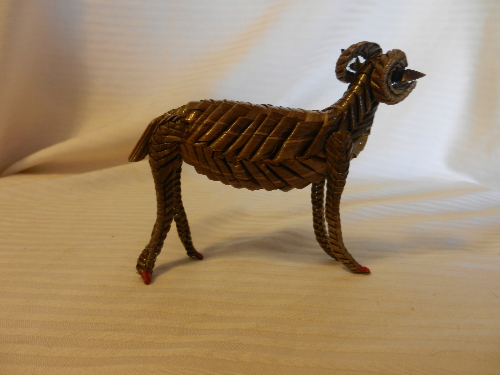 Vintage Hand Made Big Horn Sheep Ram Figurine Made From Palm Fronds