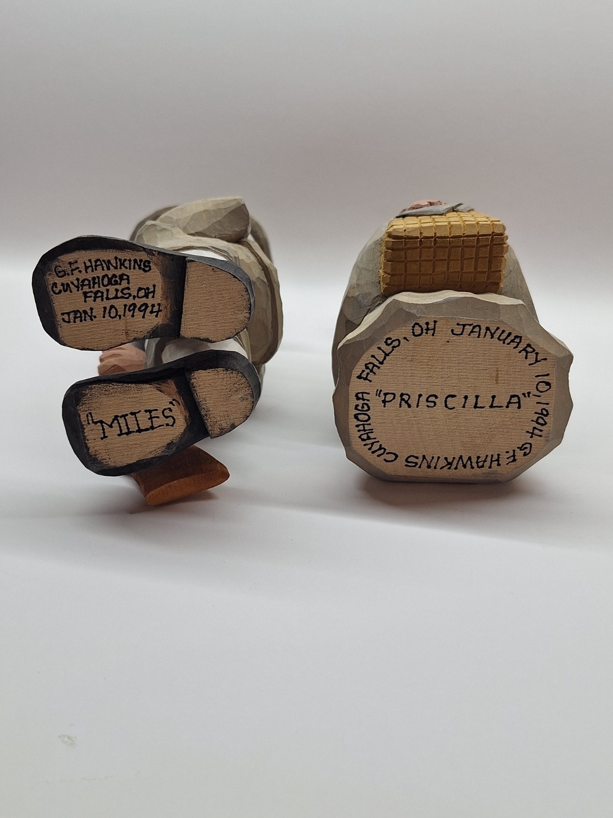 Hand Carved Pilgrim Couple “Miles & Priscilla” by Jerry Hawkins 1994 Folk Art