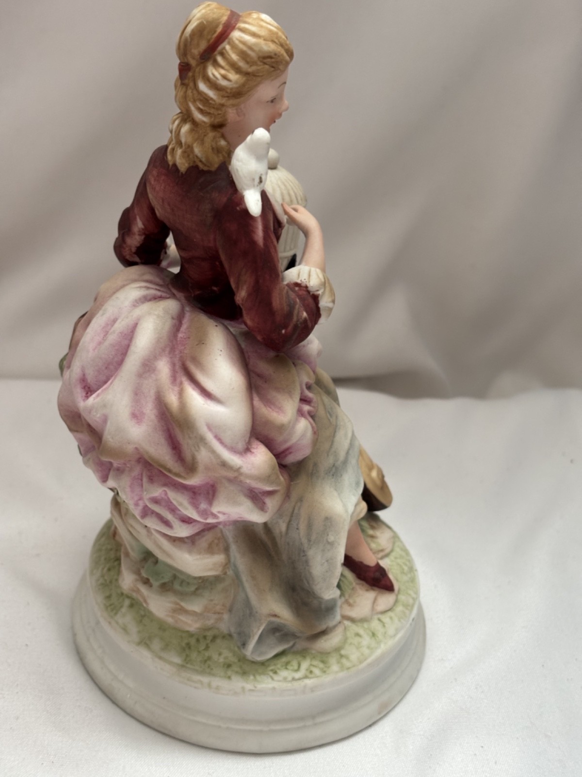 Vintage Andrea Sadek Figurine Woman Pigeons Birds Mandolin Cage 7977 Colonial