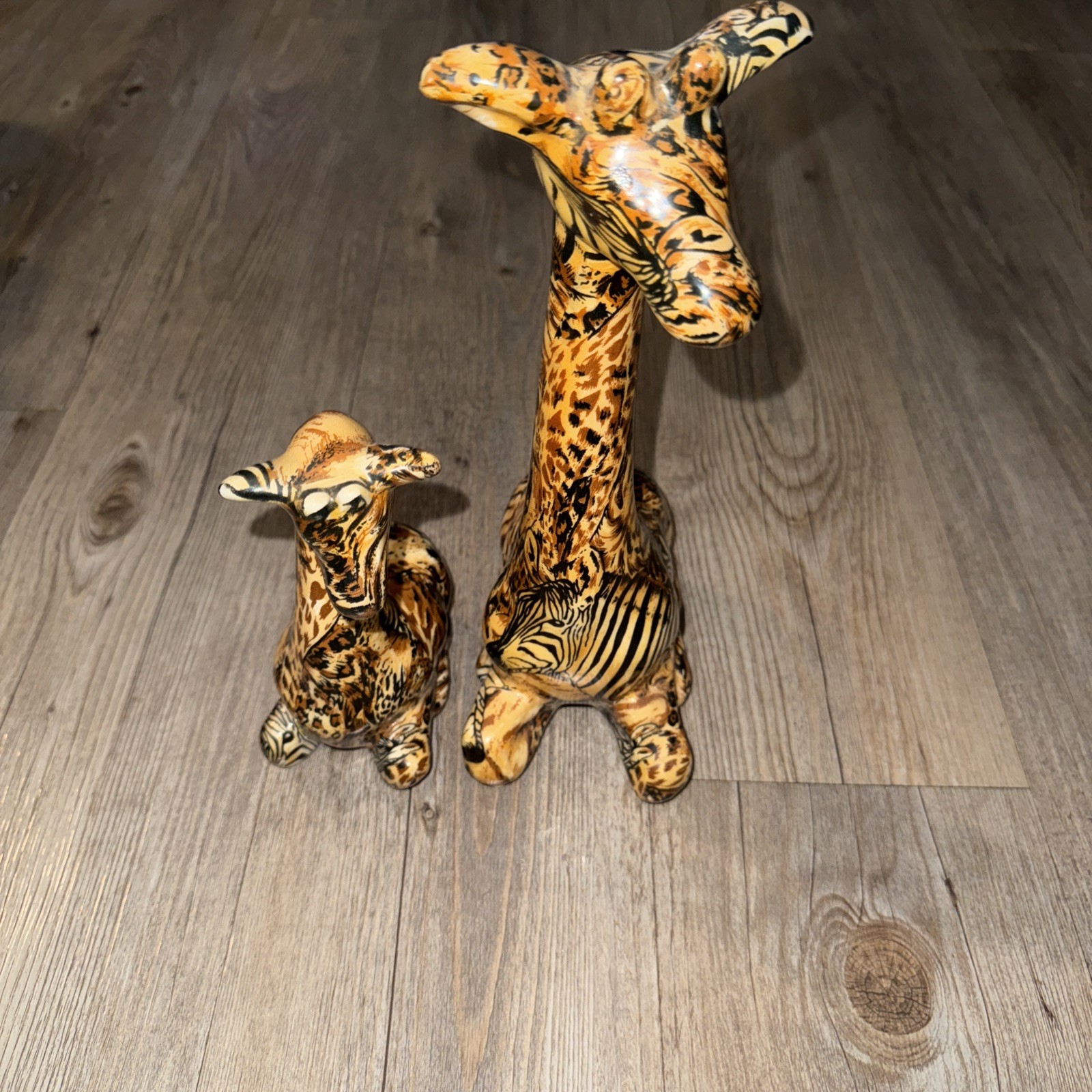 Vintage La Vie Giraffe Patchwork Animal Print Ceramic Figurines 11” & 7” Set