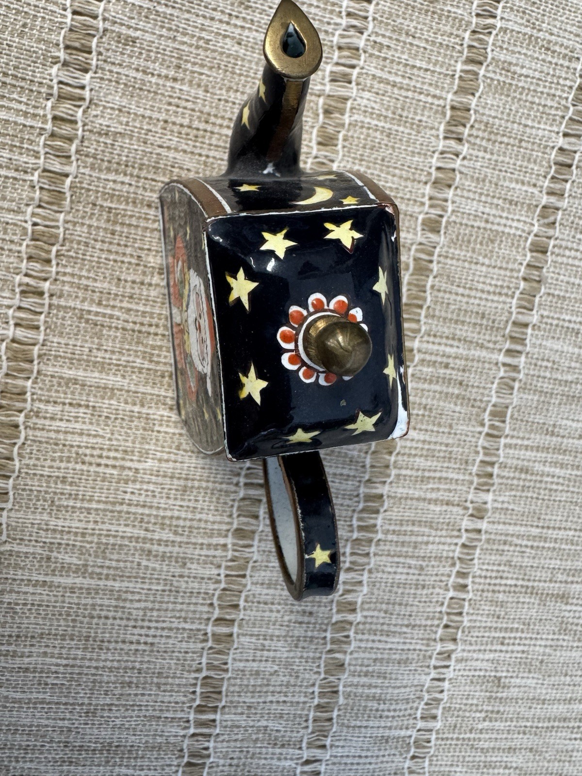 Vintage Santa Teapot Kelvin Chen Hand Painted Enamel Brass Christmas Stars