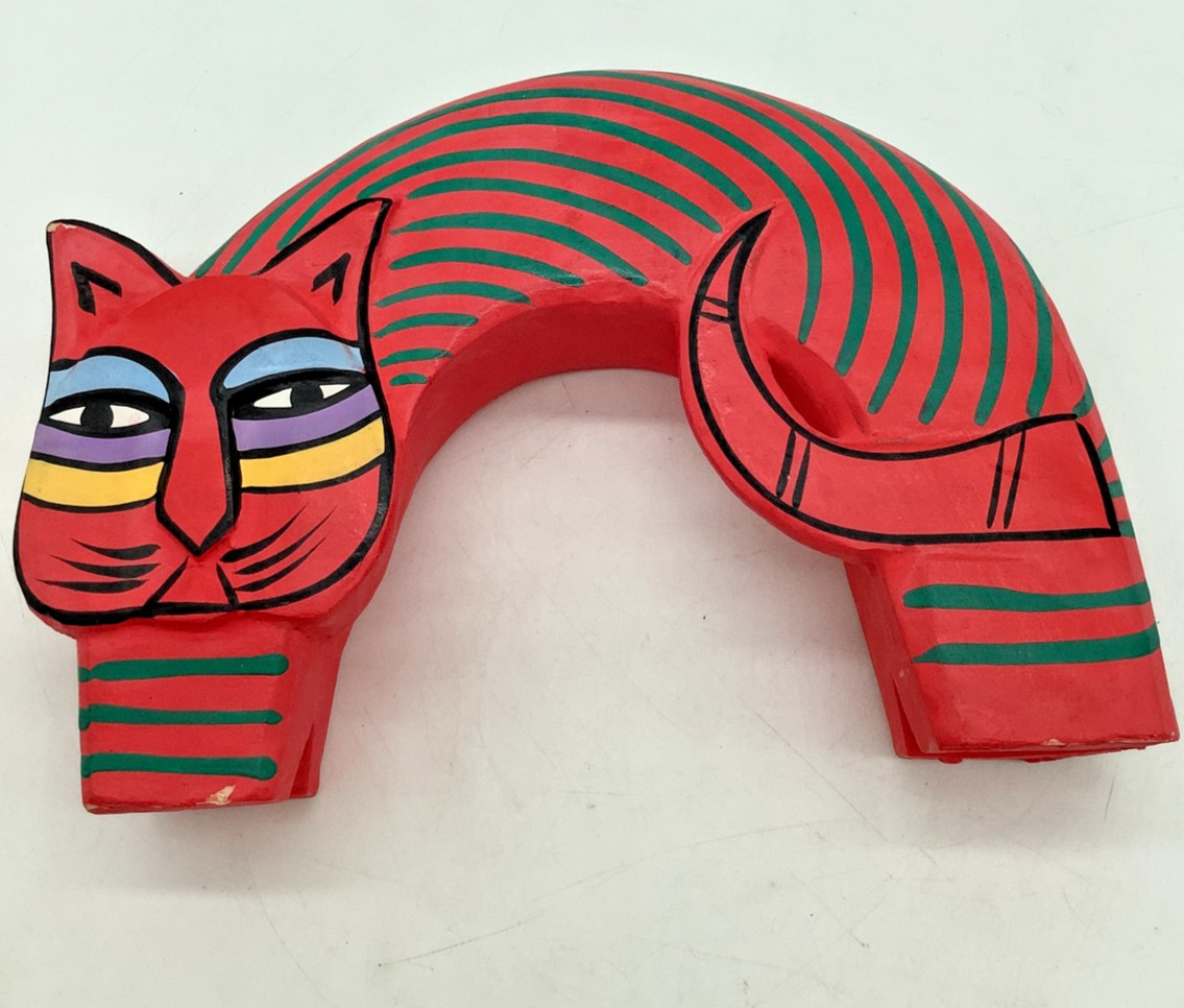 Vintage Laurel Birch Cat Figurines Arched Hand Painted Red with Green Stripes