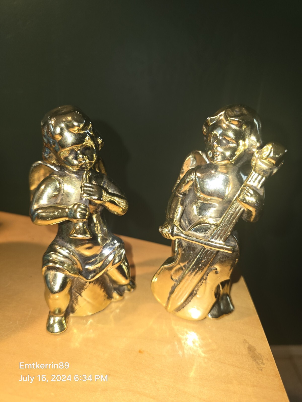 2 VTG Heralding Musical Baroque Angel Cherub Figurines Gold Tone Pair Of 2