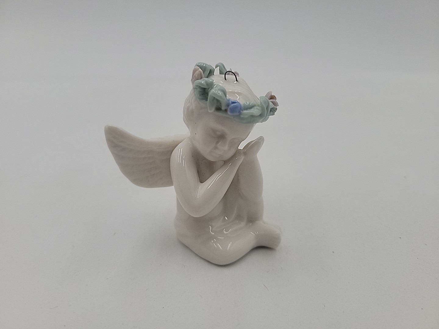 Vintage White Porcelain Praying Angel Cherub W/ Flower Crown Christmas Ornament