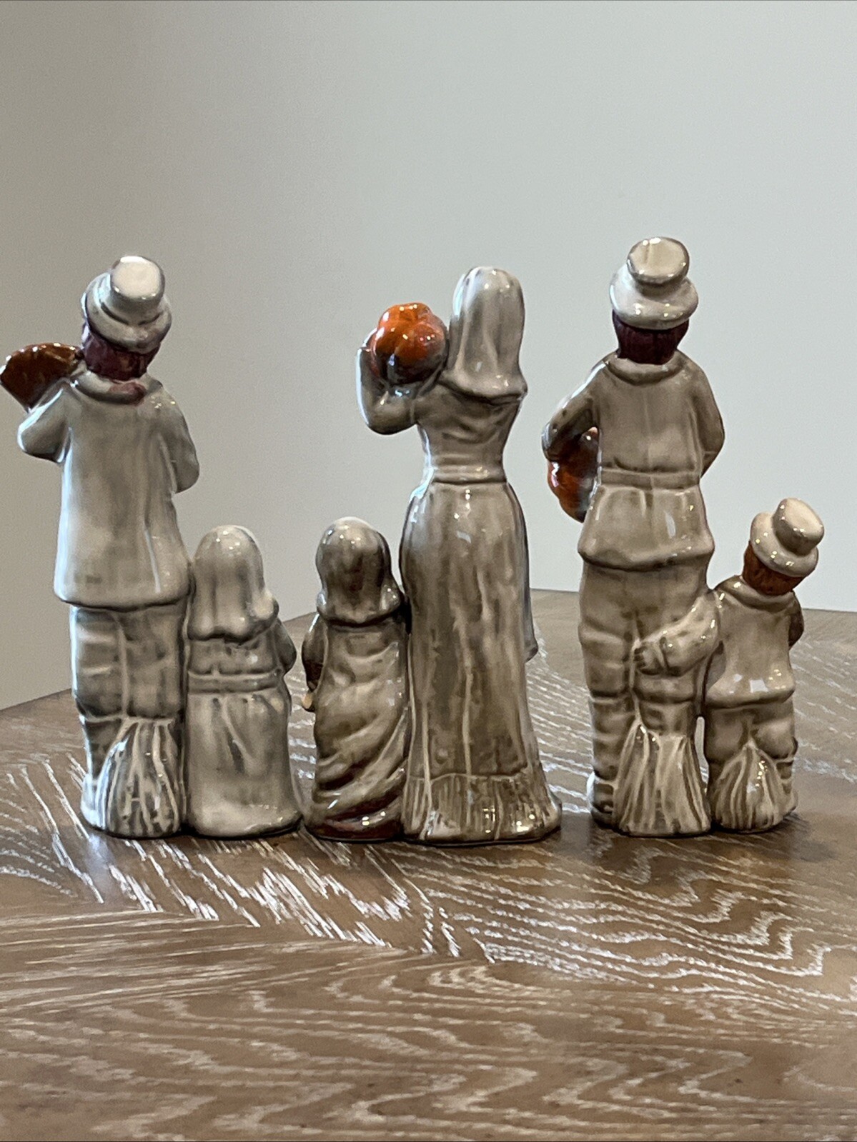 Thanksgiving Porcelain Figurine Pilgrim Family Holding Pumpkin Corn 7” Set Of 3