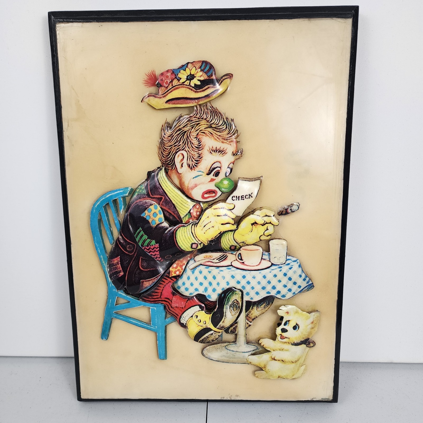 Vintage Clown Figurine Relief Art Wall Decor Sad Clown Reading Check Dog Framed