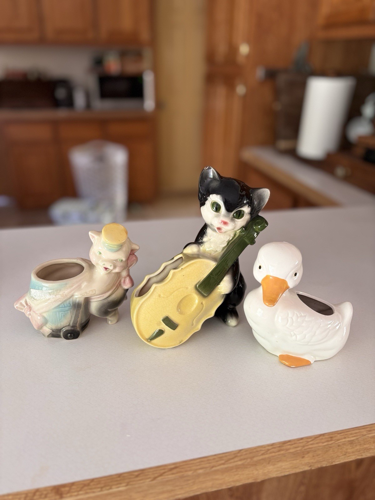 Ceramic Animal Figurines Set of 3 Cat with Lute, Duck, Glossy Multicolor