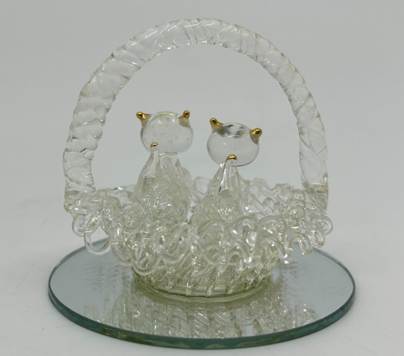 Set Of 4 Spun Glass Figurines Mirrored Base Kittens Shoe Baby Carriage Apple
